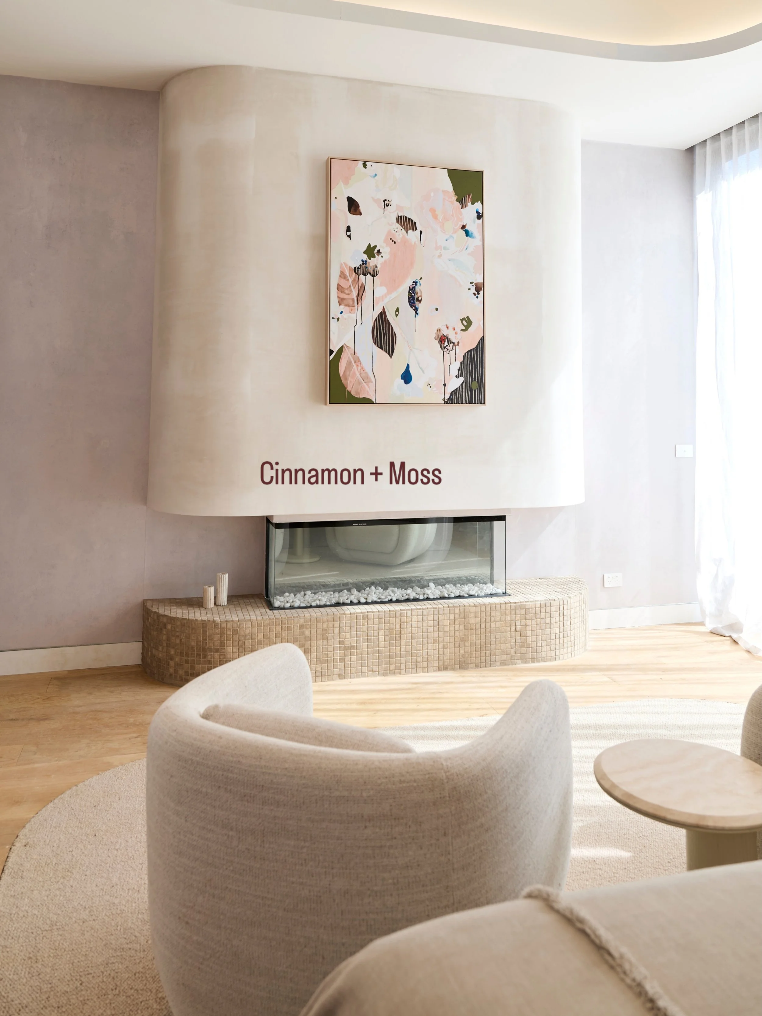 How beautiful are these pics from @theblock Beautiful lighting and such pretty soft furnishings - it&rsquo;s really lovely that @courtneyandsev chose my artwork &lsquo;Cinnamon + Moss&rsquo; for this space 🙌🏻 Their styling is gorgeous, their main b