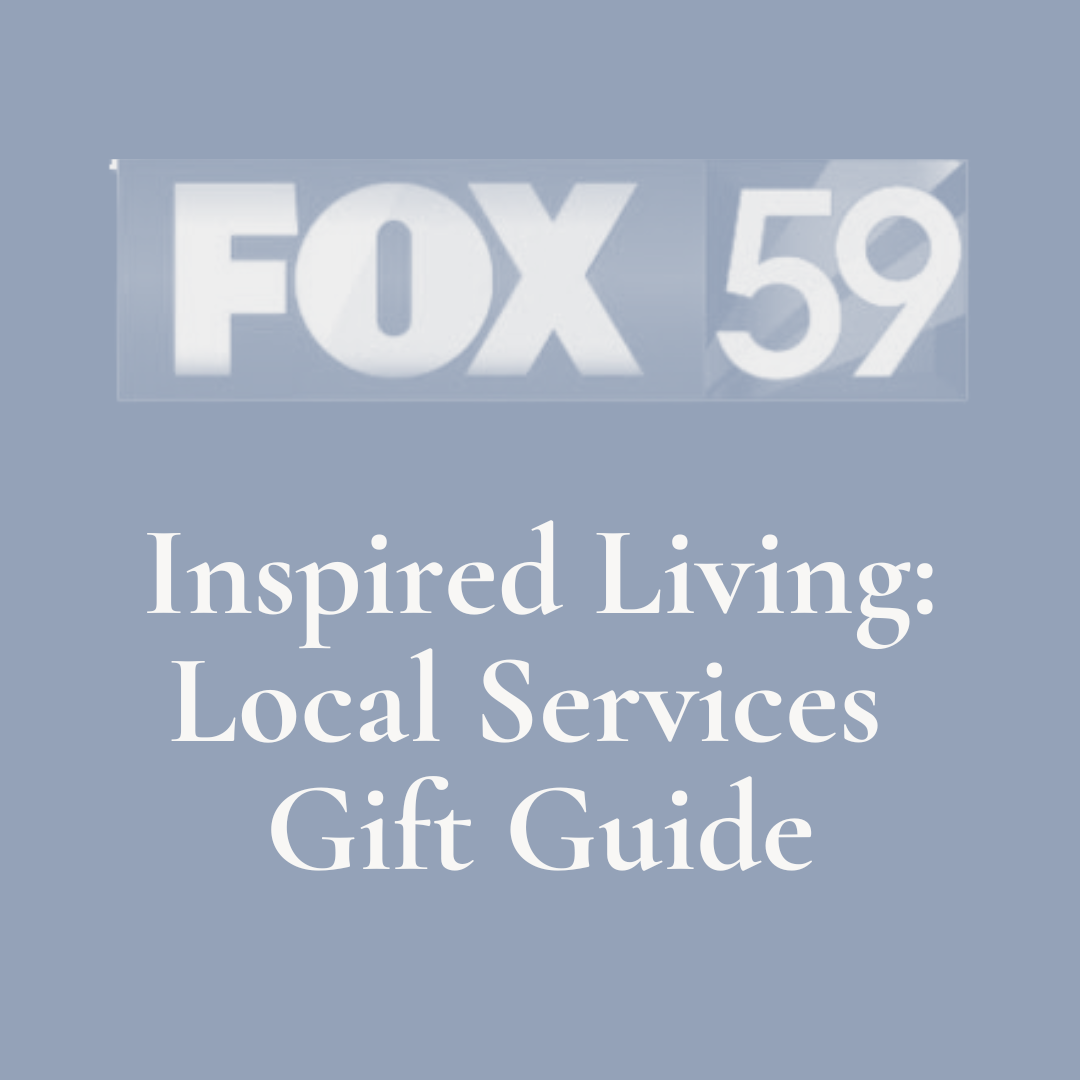 Graphic with text: "Inspired Living: Local Services Gift Guide" with a logo that reads "FOX 59" at the top against a blue background.