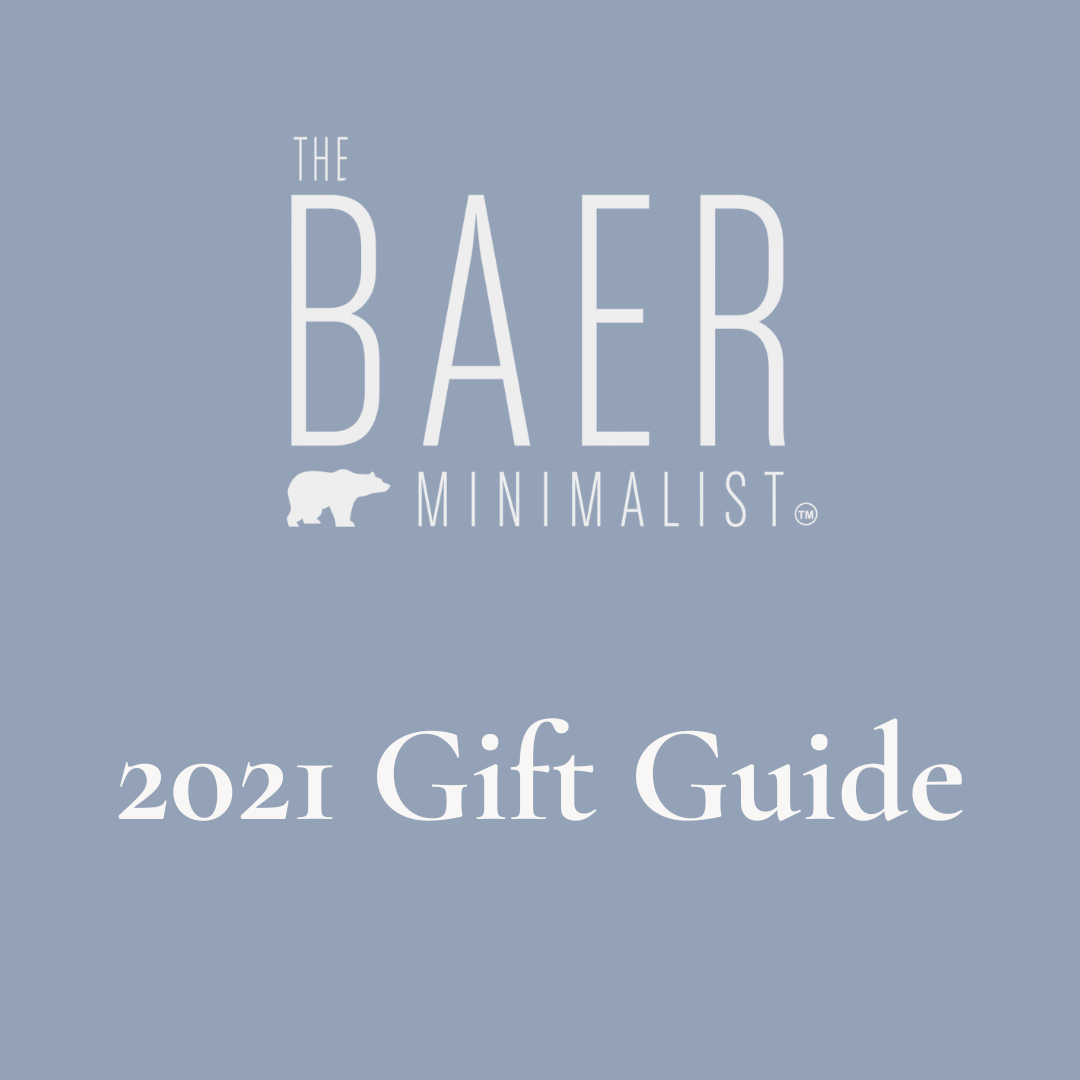 Graphic with text: "2021 Gift Guide for The Bear Minimalist," featuring a light blue background, a bear silhouette, and white text.