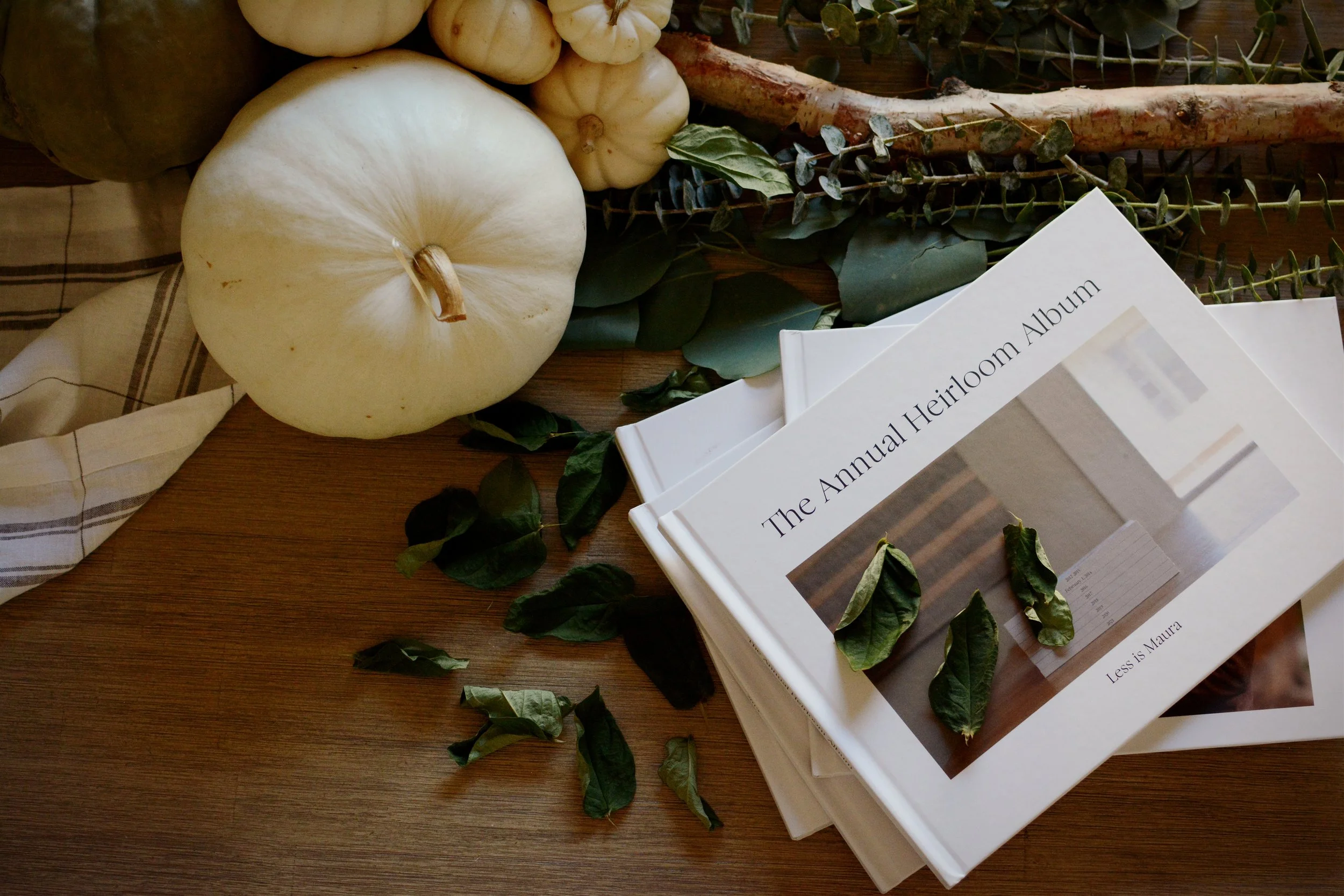 A stack of albums lays on a table next to a bunch of white pumpkins.