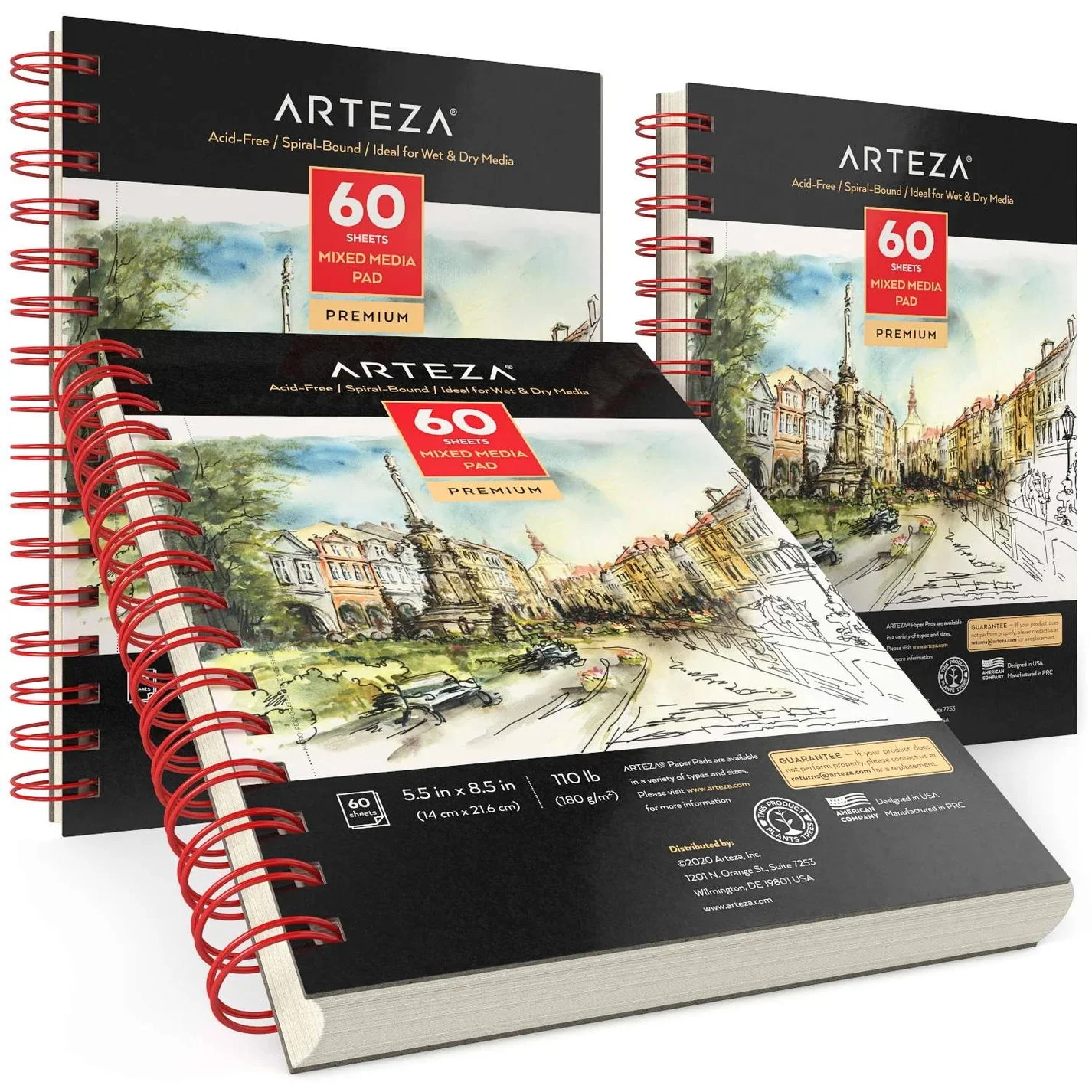 Three Arteza 60 sheet mixed media pads with spiral binding