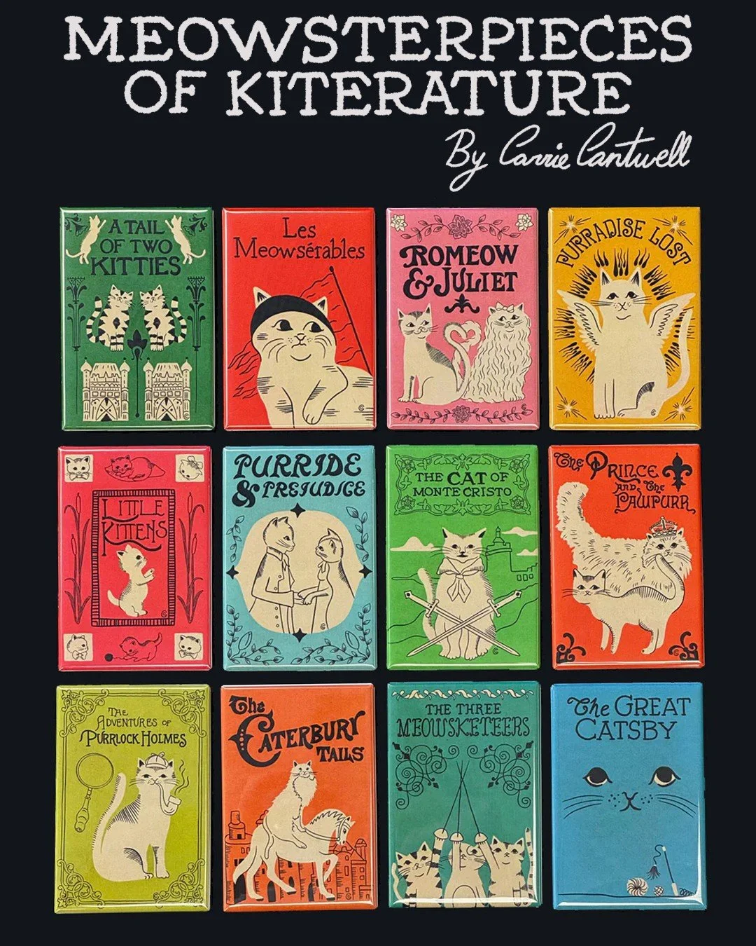Same literary cats, new talent: they now hold papers in place. 😸🧲 My Meowsterpieces of Kiterature series has been licensed with @flypaperproducts and transformed into magnets, perfect for fridges, filing cabinets, and creative chaos zones. Want som