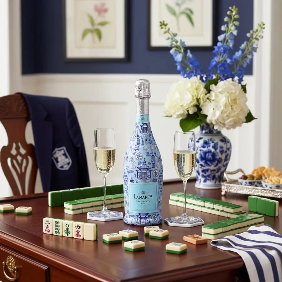 A bottle of prosecco wrapped in Carrie Cantwell’s Cute Chinoiserie design, surrounded by mahjong tiles and champagne glasses on an elegant blue and white table setting.