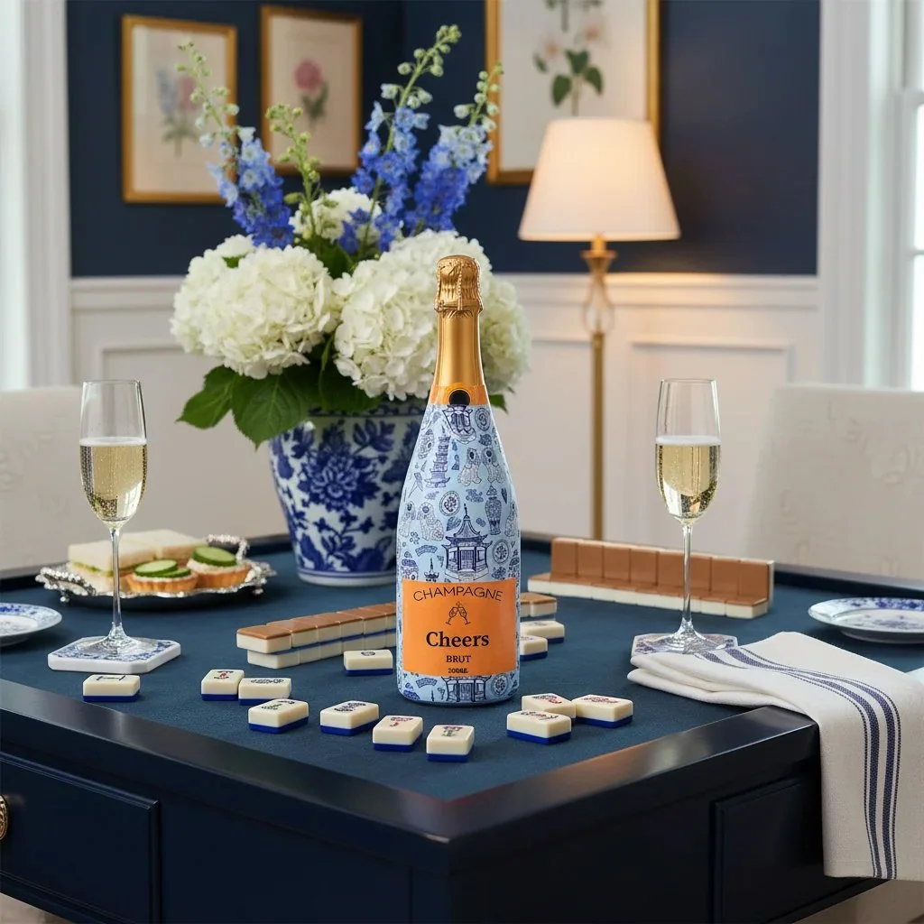 A champagne bottle wrapped in Carrie Cantwell’s Cute Chinoiserie design, displayed with champagne glasses and mahjong tiles in a blue and white dining room.