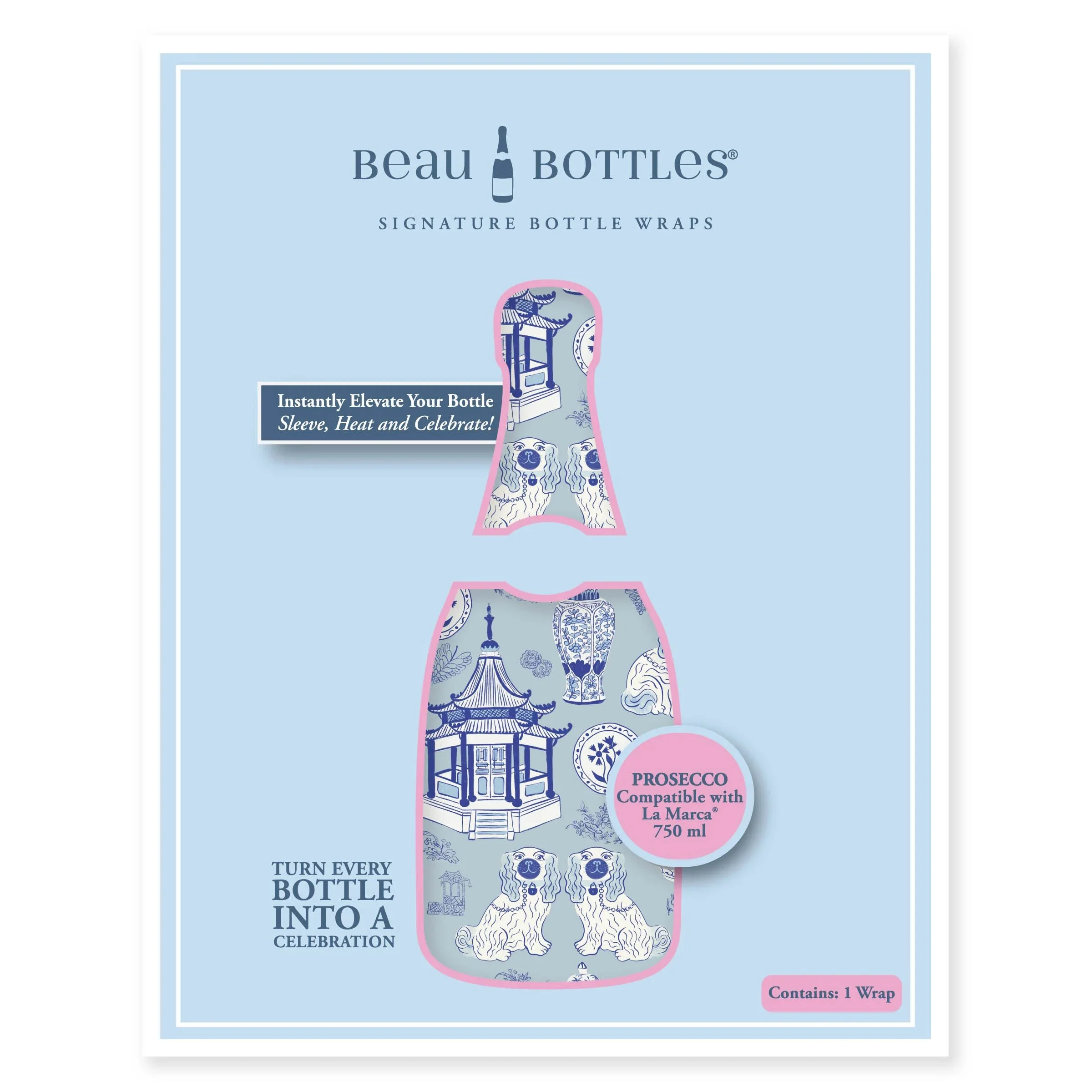 A bottle wrapped in Carrie Cantwell’s Cute Chinoiserie design on a Beau Bottles template