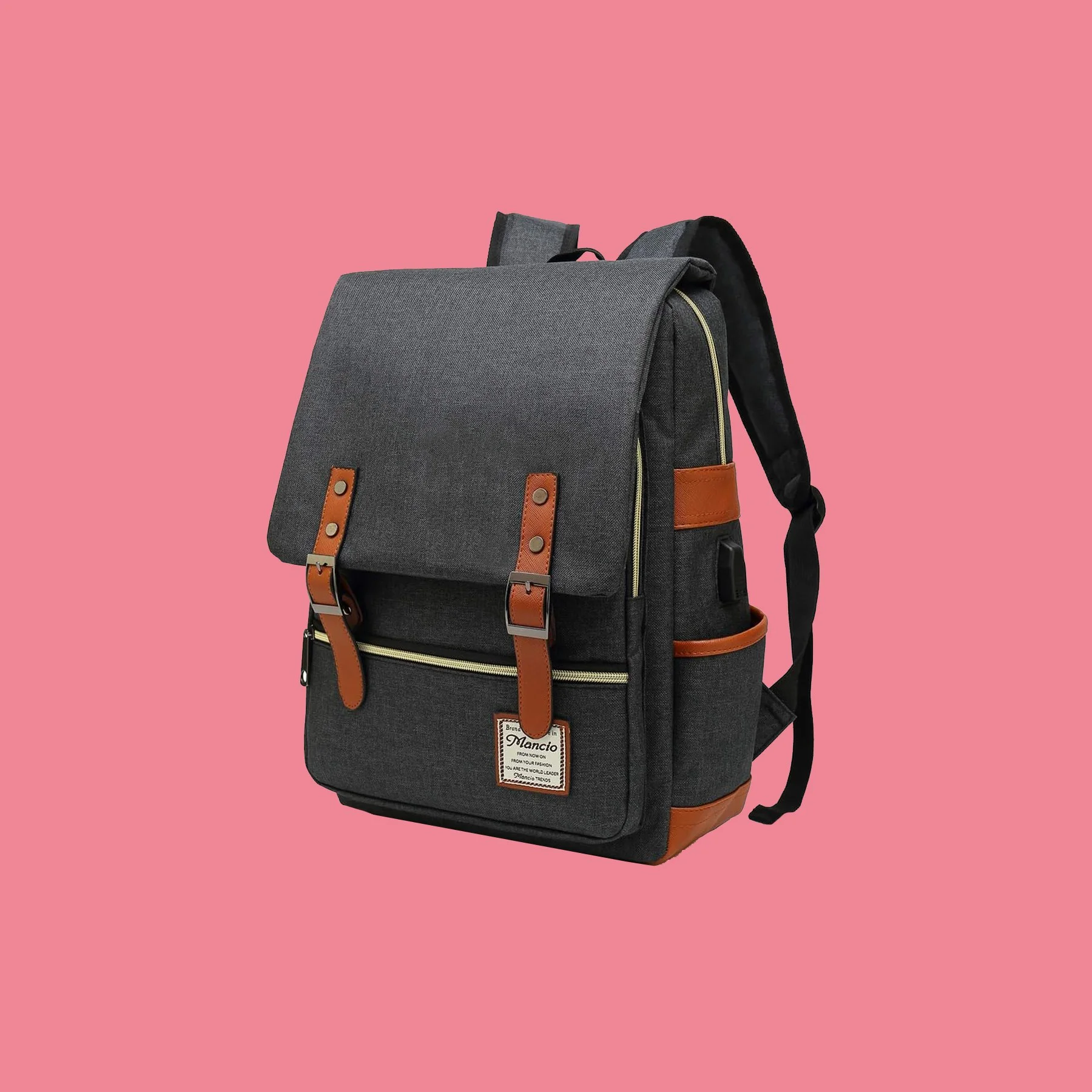 Retro gray laptop backpack with brown leather straps