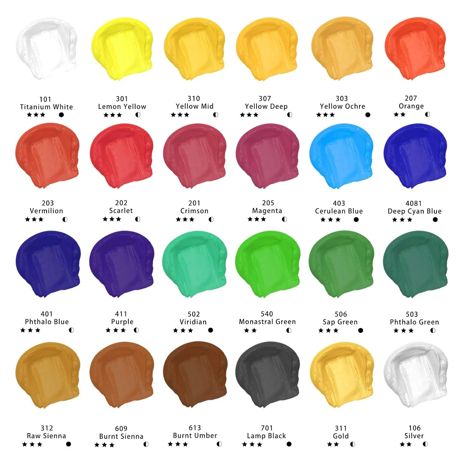 Acrylic paint color chart showing swatches and color names