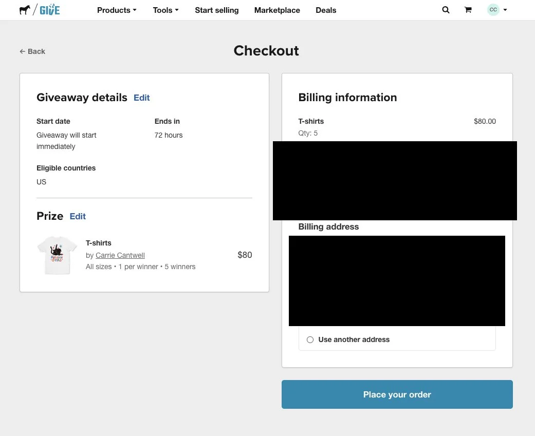 Sticker Mule Give checkout screen for setting up Carrie Cantwell's t-shirt giveaway