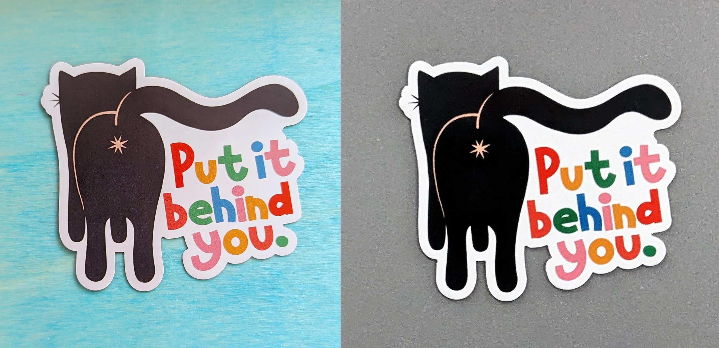 Put It Behind You black cat stickers by Carrie Cantwell