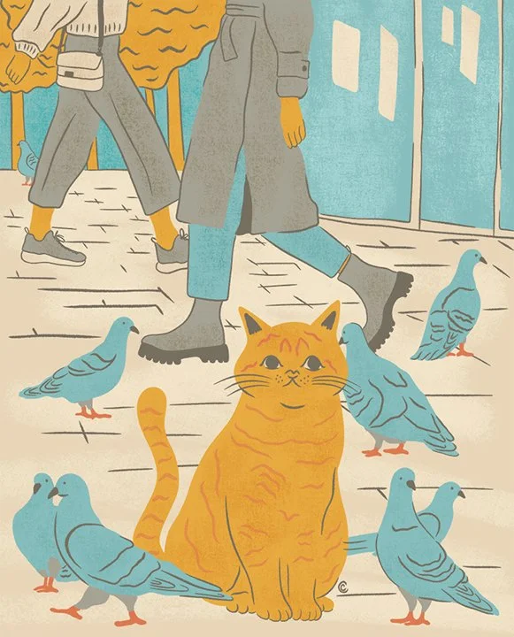 Illustration of a Cat Sitting Among Pigeons in a City With People Walking By