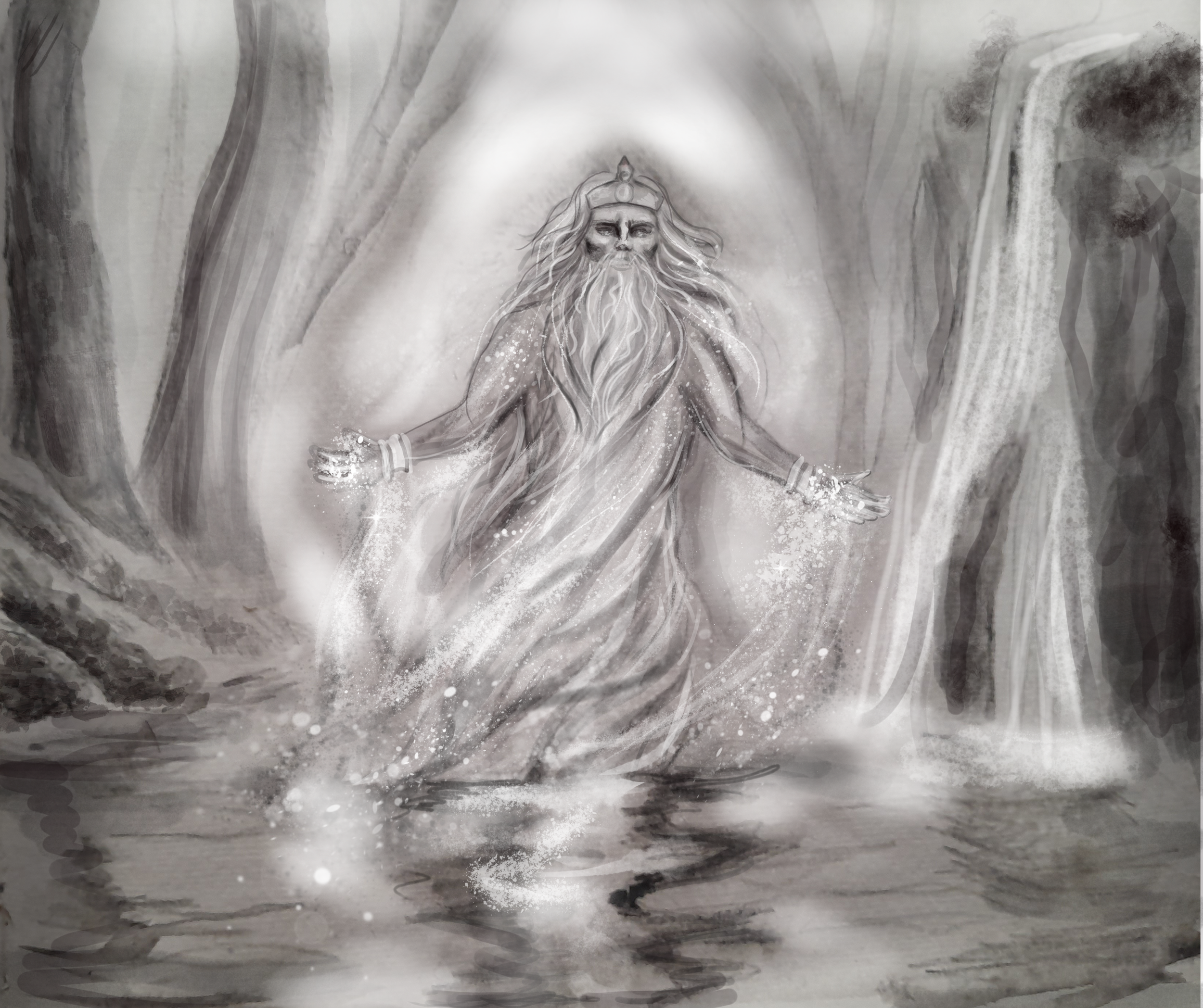 'King Lir, rising from the lake'
Hand painted ink & watercolour - finished digitally