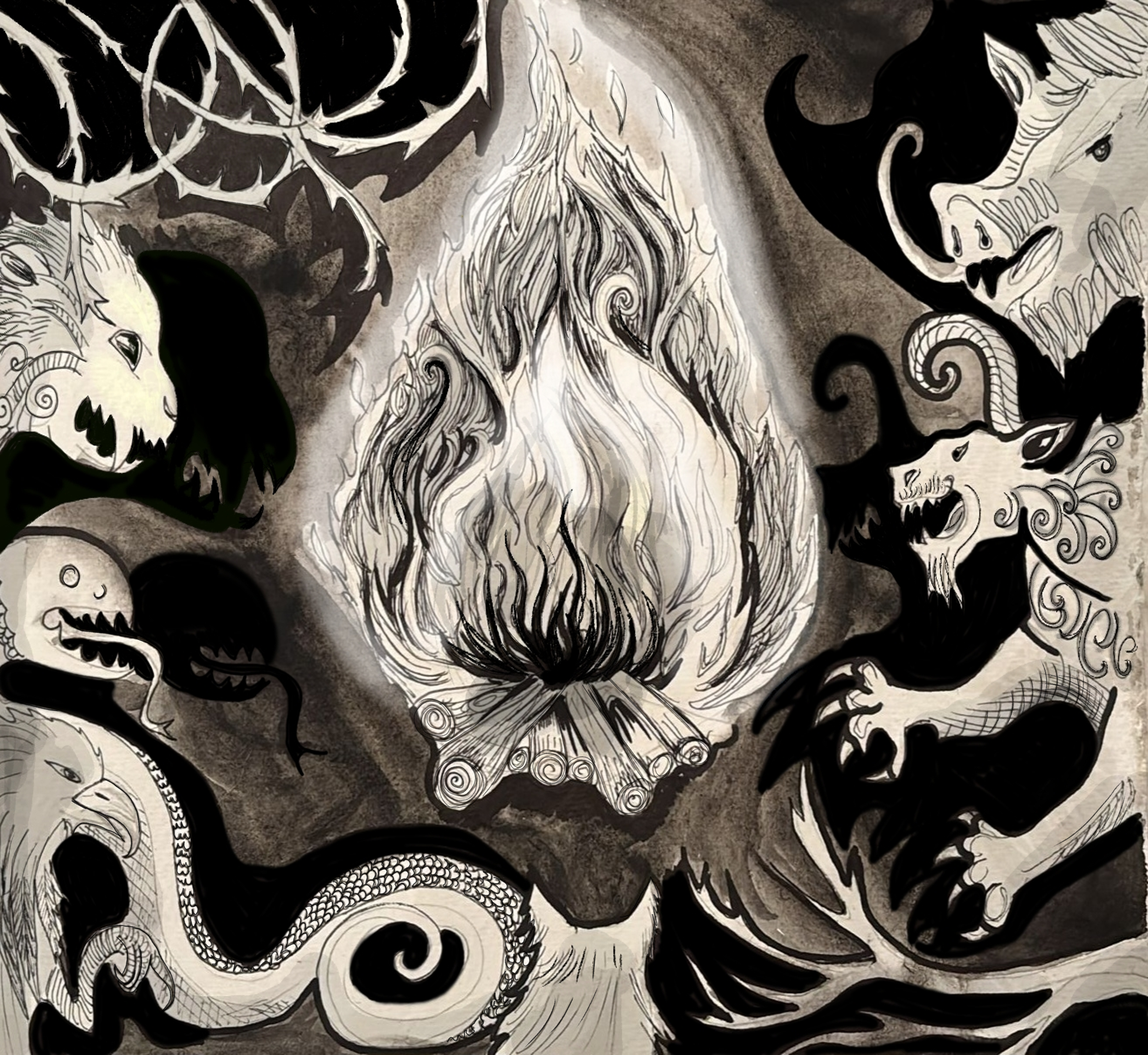 'Beasts around fire'
Hand painted ink & watercolour - finished digitally