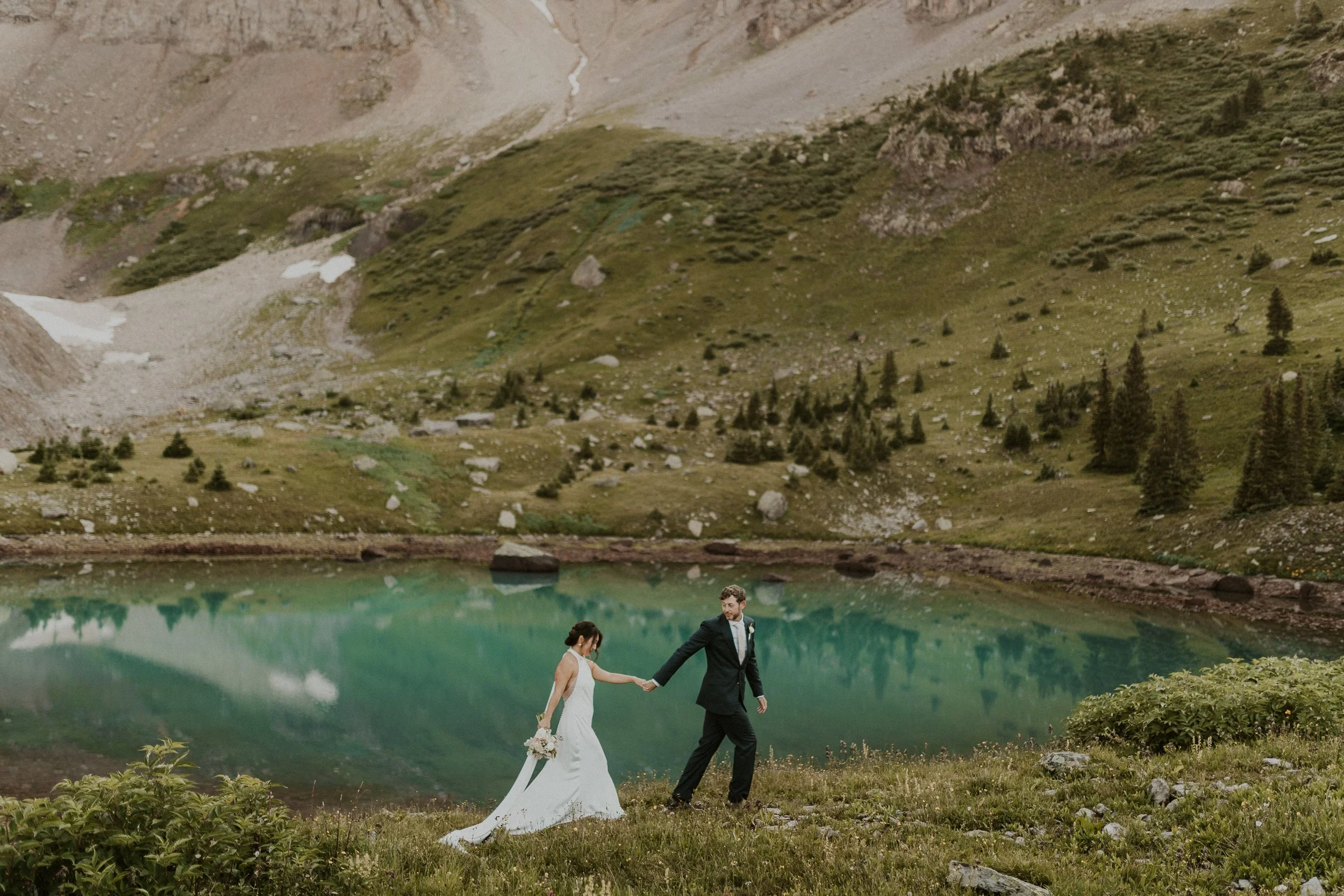 couple eloping at alpine lake