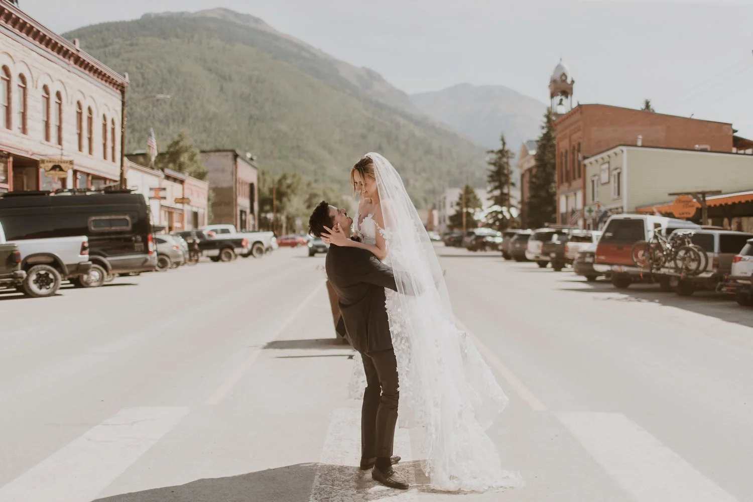 couples embracing in wedding attire in silverton colorado