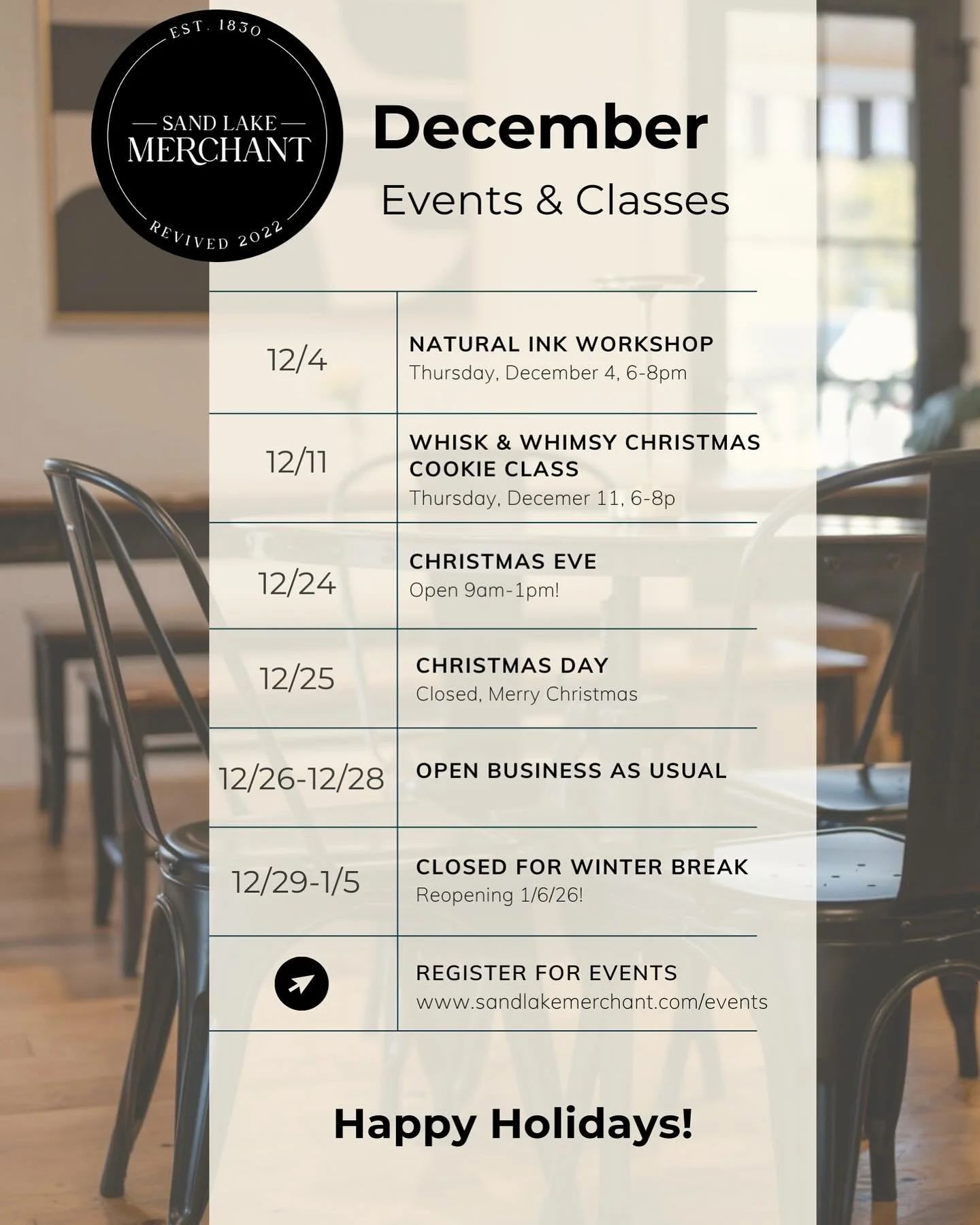 SLM December at a glance! ❄️ 
.
.
.
🎨 Thursday 12/4, 6pm&mdash;8pm // Natural Ink Workshop with @clairesherwoodstudio 
🍪Thursday 12/11, 6pm&mdash;8pm // Christmas Cookie Decorating Workshop with @whiskandwhimsycookies 
🎄Wednesday 12/24 // Christma