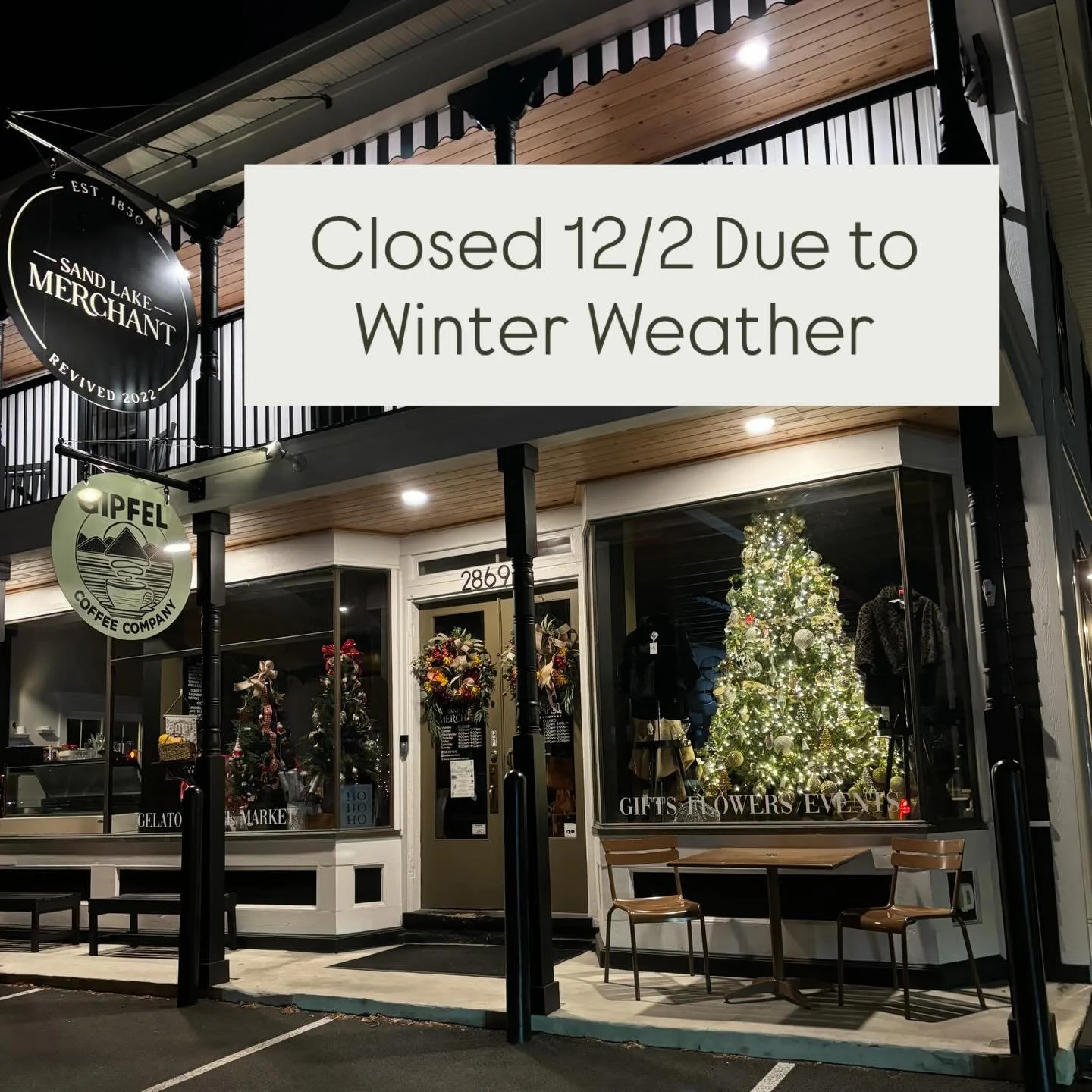 ❄️ For the safety of our teams and guests Sand Lake Merchant &amp; Gipfel Coffee will be closed today, 12/2, due to the winter weather. ❄️

Thank you for your understanding, we will be back tomorrow!