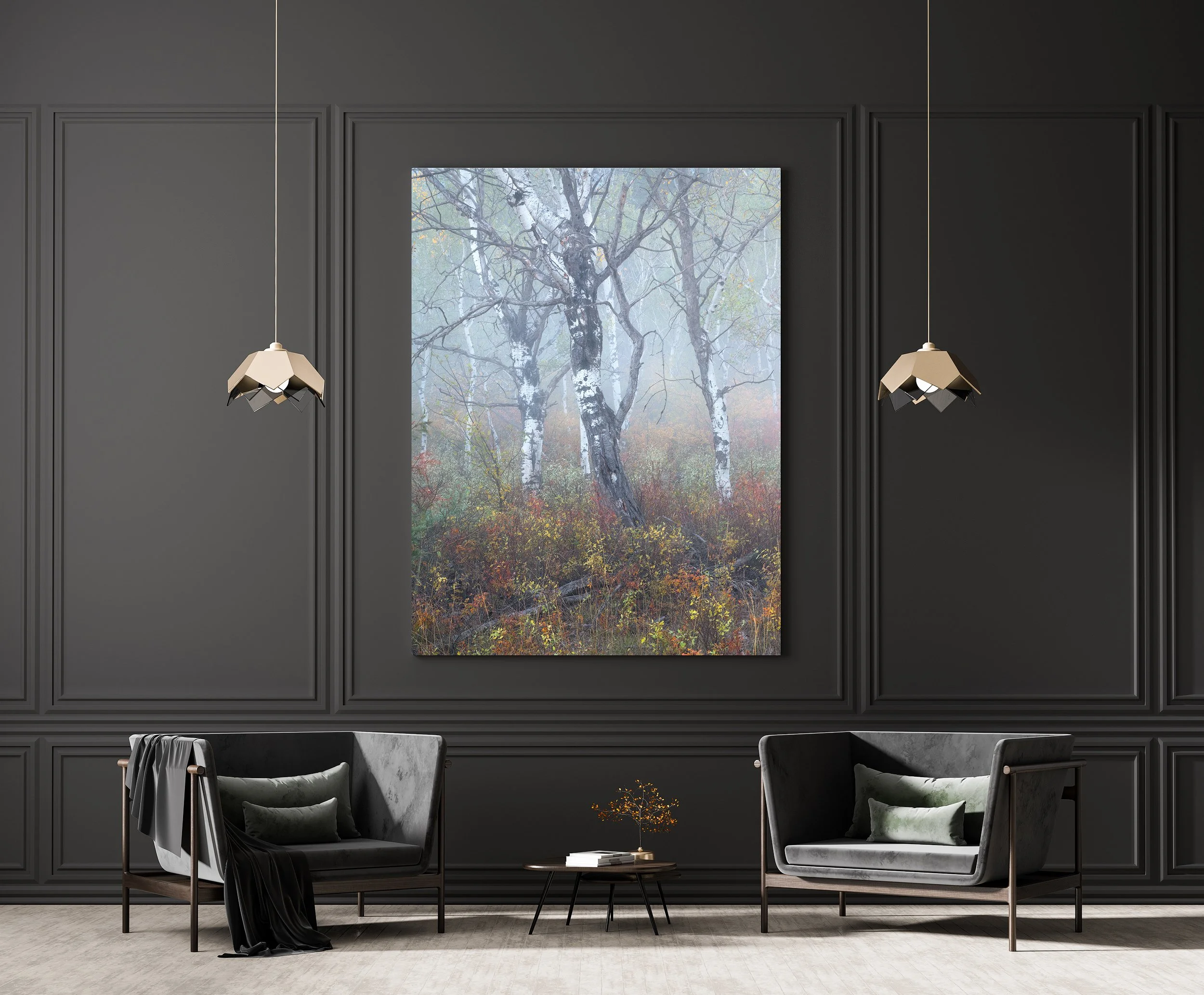 Fine art of fogy aspen print shown virtually