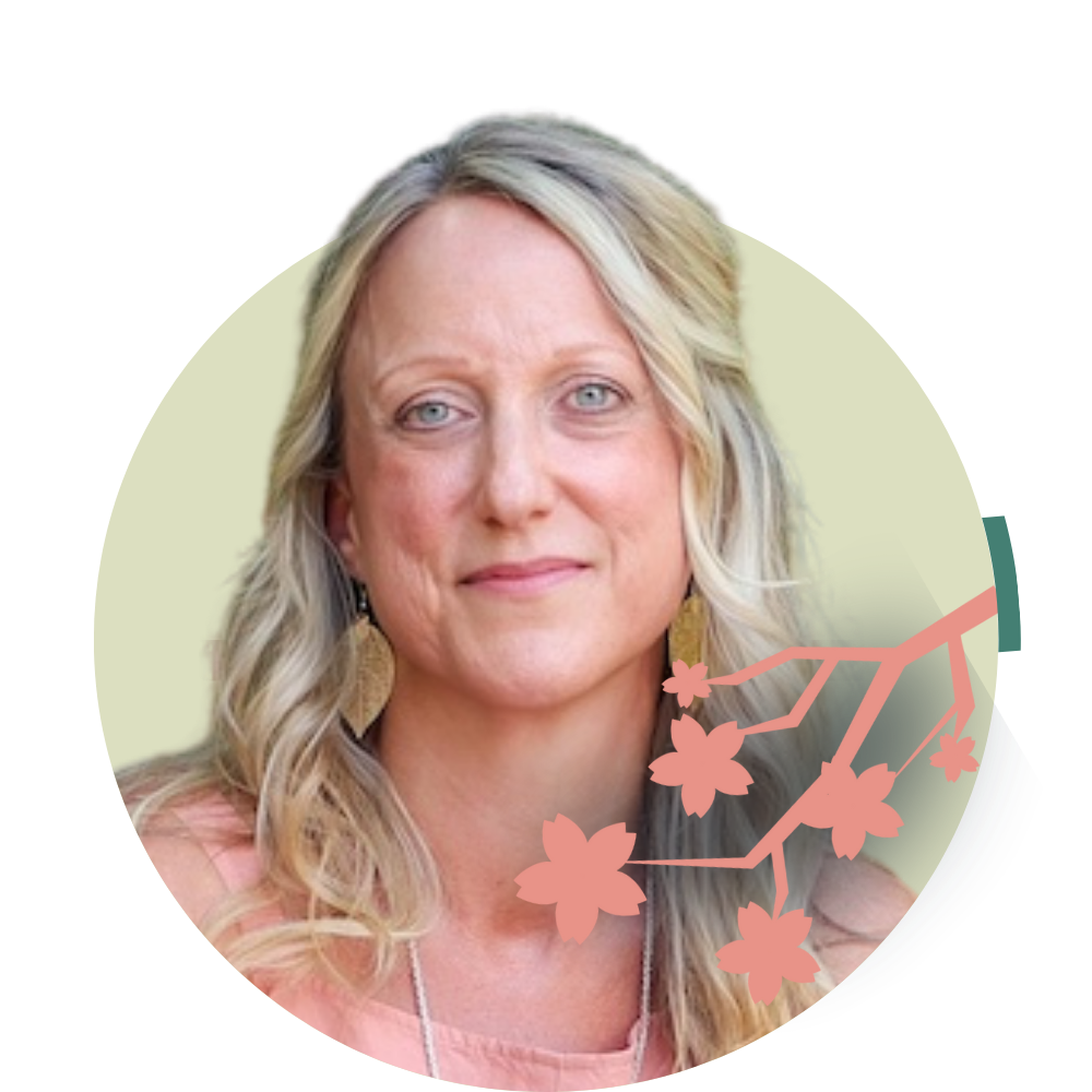 Thumbnail image of Clinical Director Cree Lambeck: A woman with blonde hair, blue eyes, wearing a pink top and gold earrings, with a light green background and cherry blossom graphic in the lower right corner.