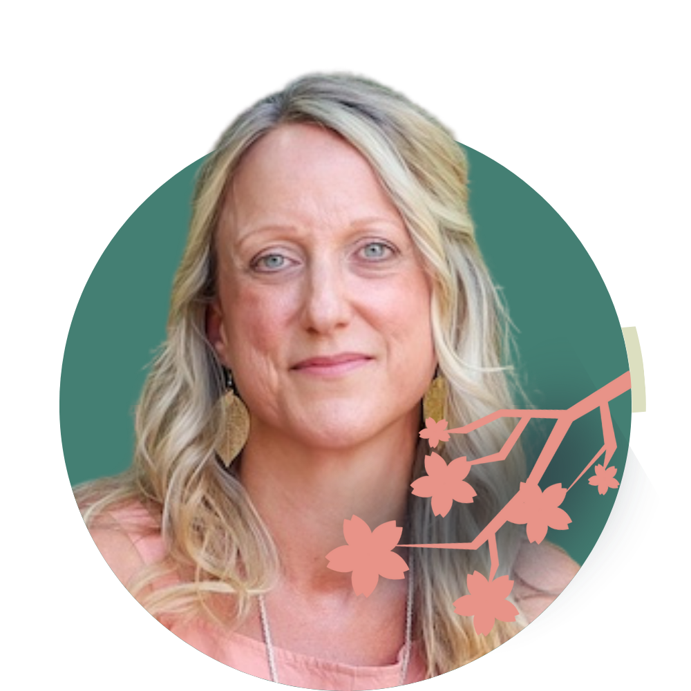Thumbnail image of Clinical Director Cree Lambeck: Portrait of a blonde woman with blue eyes, wearing a pink top and earrings, with a stylized cherry blossom branch graphic overlaid.