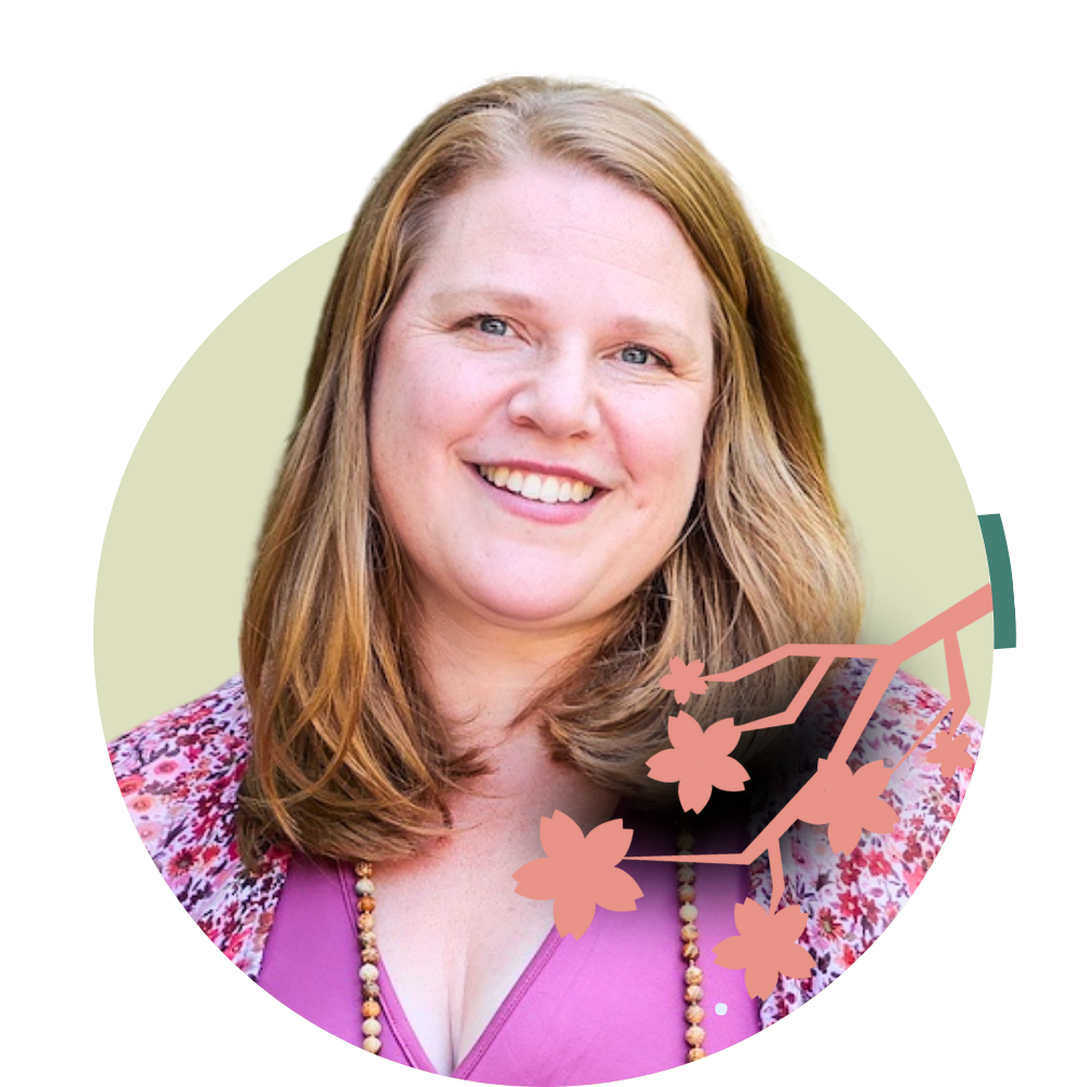 Thumbnail image of associate therapist Rachel Galbraith: A smiling woman with shoulder-length light brown hair, wearing a purple top and a beaded necklace, against a light background with pink cherry blossom illustrations.