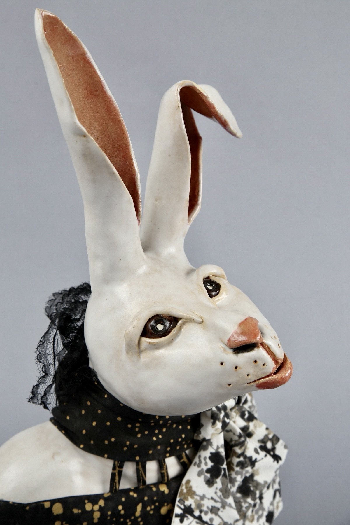 OPERA RABBIT     17"h 9"w 9"d STONEWARE PINCH POT HEAD/LONG NECK
BUST WITH SHOULDERS BUILT HOLLOW TO  GIVE HER HEAD A NICE SILHOUETTE
