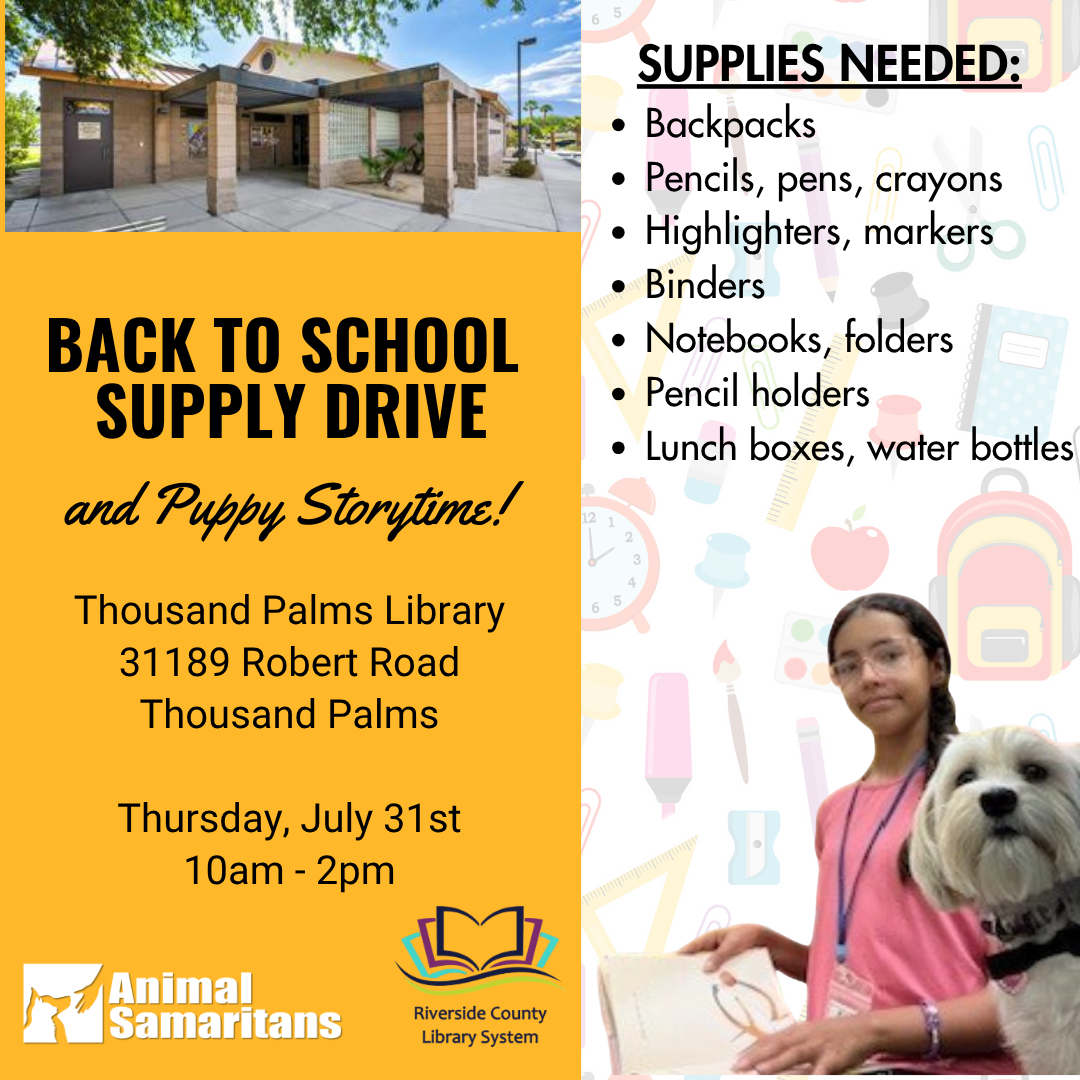 Thousand Palms Library Back to School Supply Drive and Puppy Story Time with Animal Samaritans