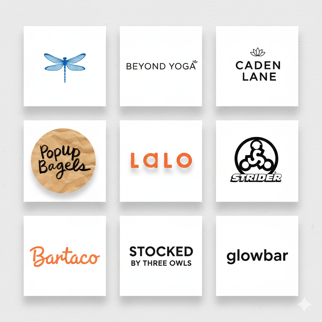 A grid of nine business or brand logos with various designs and text.