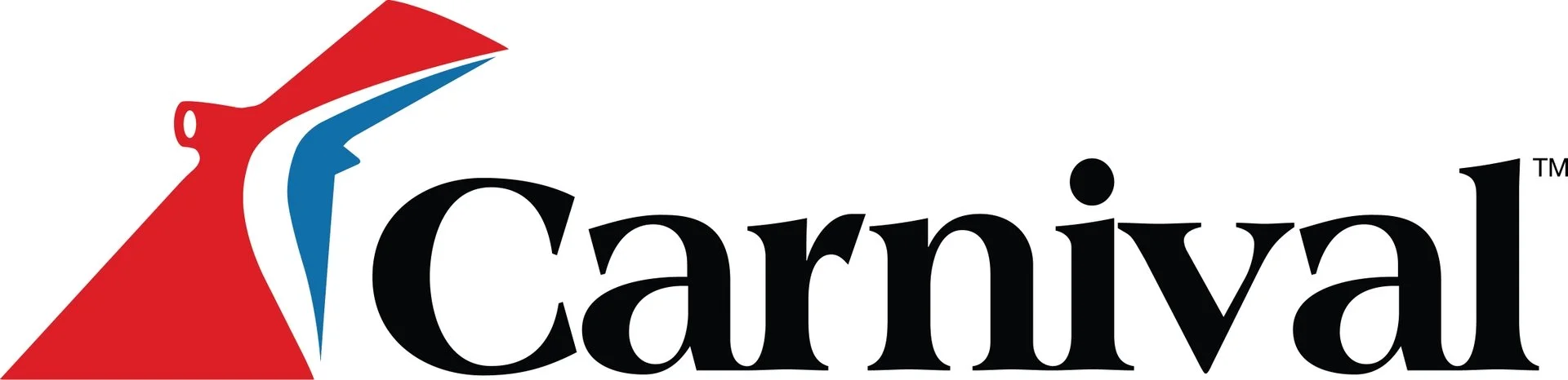 The image shows a carnival logo with a stylized red, white, and blue figure and the word "Carnival" in black text.