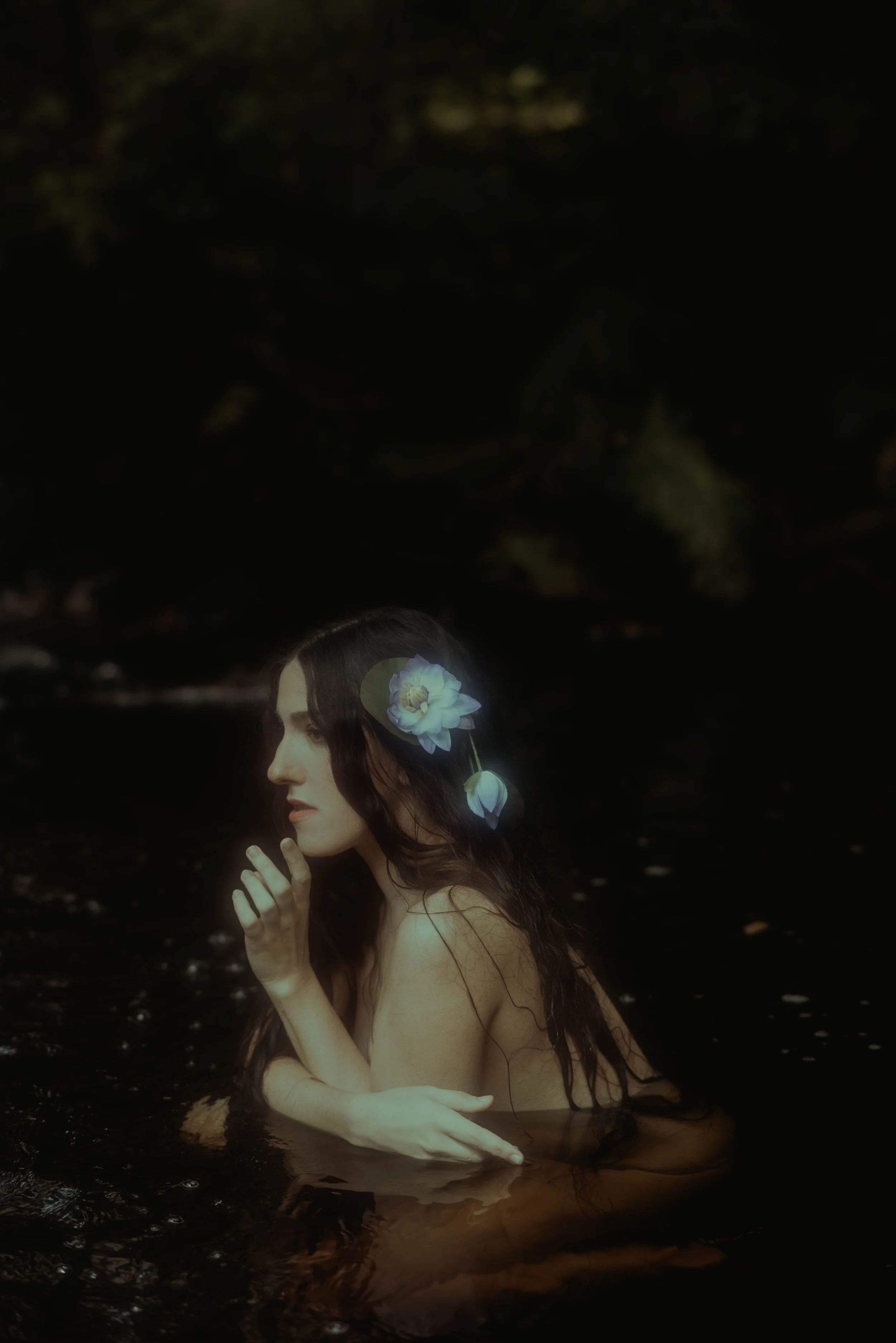 A woman with long dark hair and light skin is partially submerged in dark water, with a dark, blurred background. She has a serene expression and is touching her chin with her right hand. She has a large white flower in her hair and appears to be in 