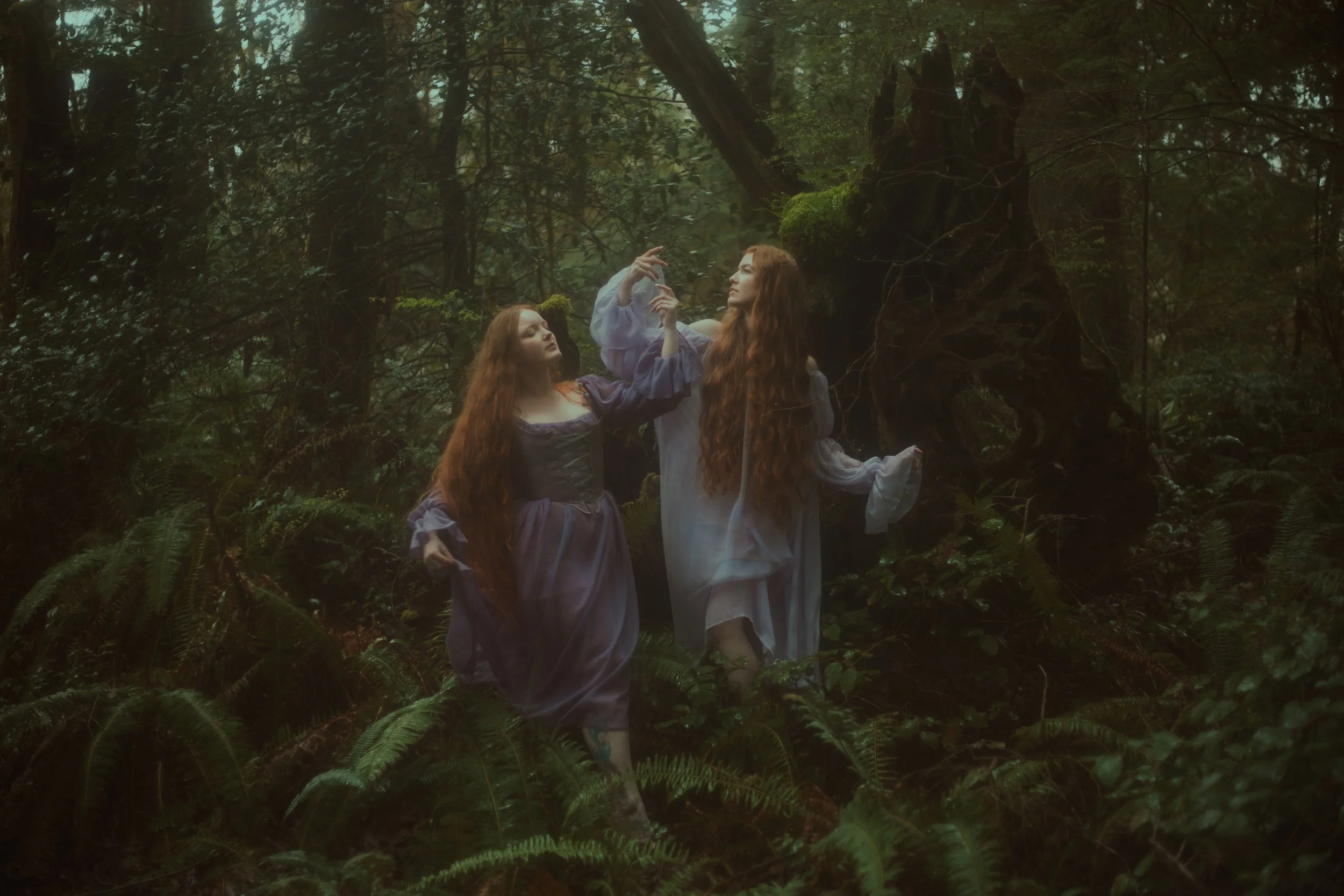Two women with long red hair, dressed in fantasy-style gowns, standing amidst dense forest foliage, with one woman reaching upward and the other looking at her.