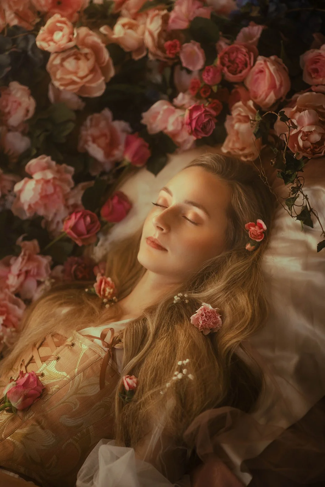 A woman with long, wavy blonde hair lying on a bed surrounded by pink and red roses with her eyes closed.