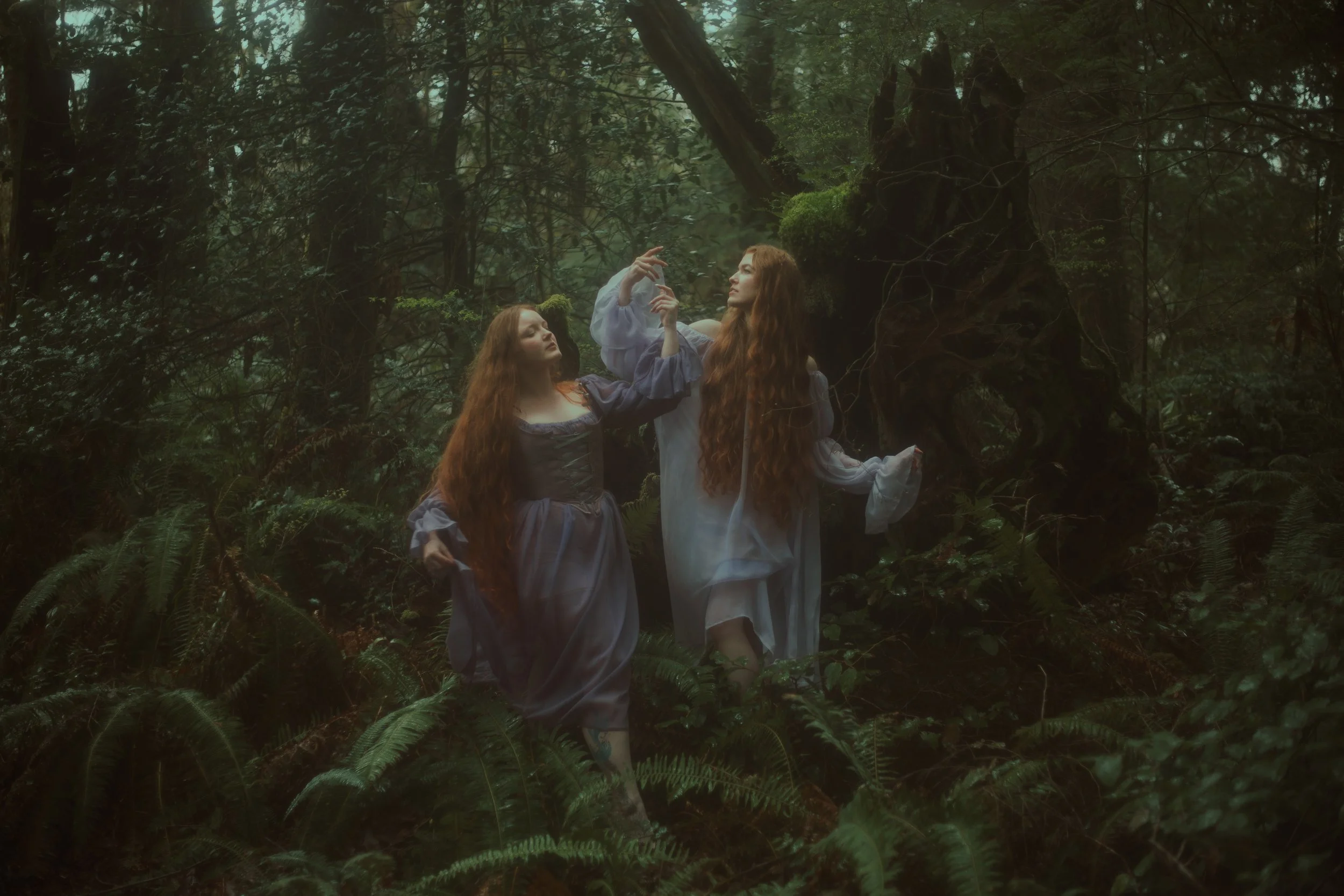 Two women with long, curly red hair wearing flowing, period-style dresses standing in a dense, dark forest surrounded by greenery and ferns.