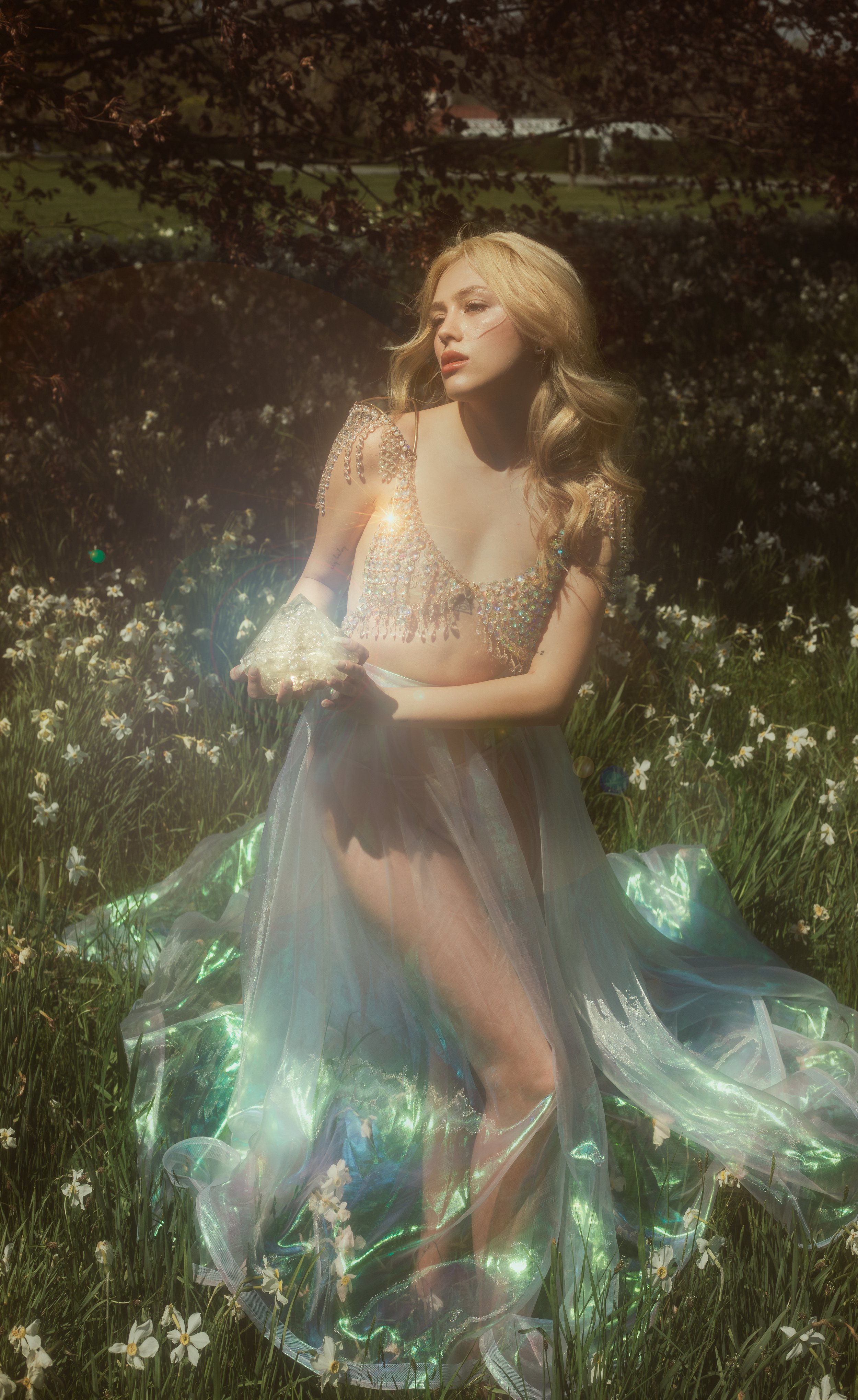 A woman with long blonde hair, wearing a sparkly top and a sheer, iridescent skirt, sitting in a field of small white flowers with greenery and trees in the background, holding a glowing object.