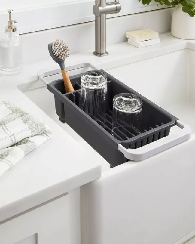 Tired of taking up space on your counter to wait for dishes to dry? Check out the Over the Sink Dish Drainer Gray - Brightroom&trade; 🫧

Available at Target! 🎯 

&bull; Over-the-sink dish drainer
&bull; Slatted bottom
&bull; 3 compartments
&bull; E