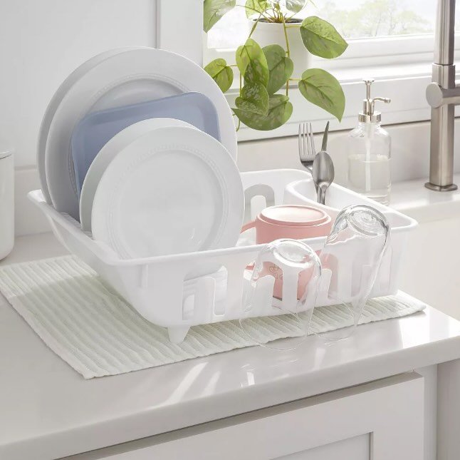 Help easily air-dry clean dishes with this Plastic Dish Drainer from Brightroom&trade; 🍽️

Featuring a freestanding design, this dish drying rack features numerous slots for holding dishes, slots for tumblers, as well as space for cups, serveware an