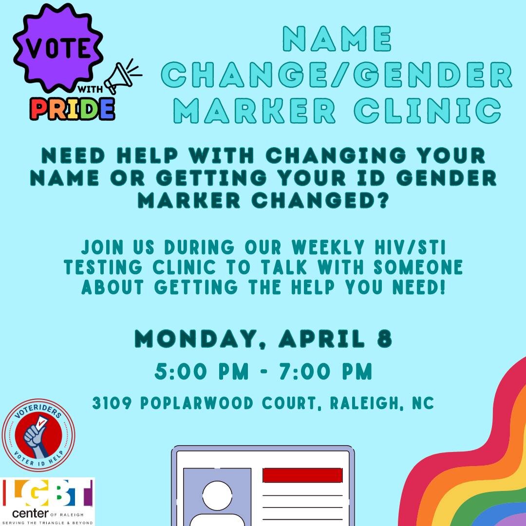 Do you need support with changing your name or gender marker? Are you hoping to get an ID that accurately represents YOU to feel safer voting in the upcoming election? 

Monday, April 8th from 5-7pm we will have staff available to help! Stop by our o