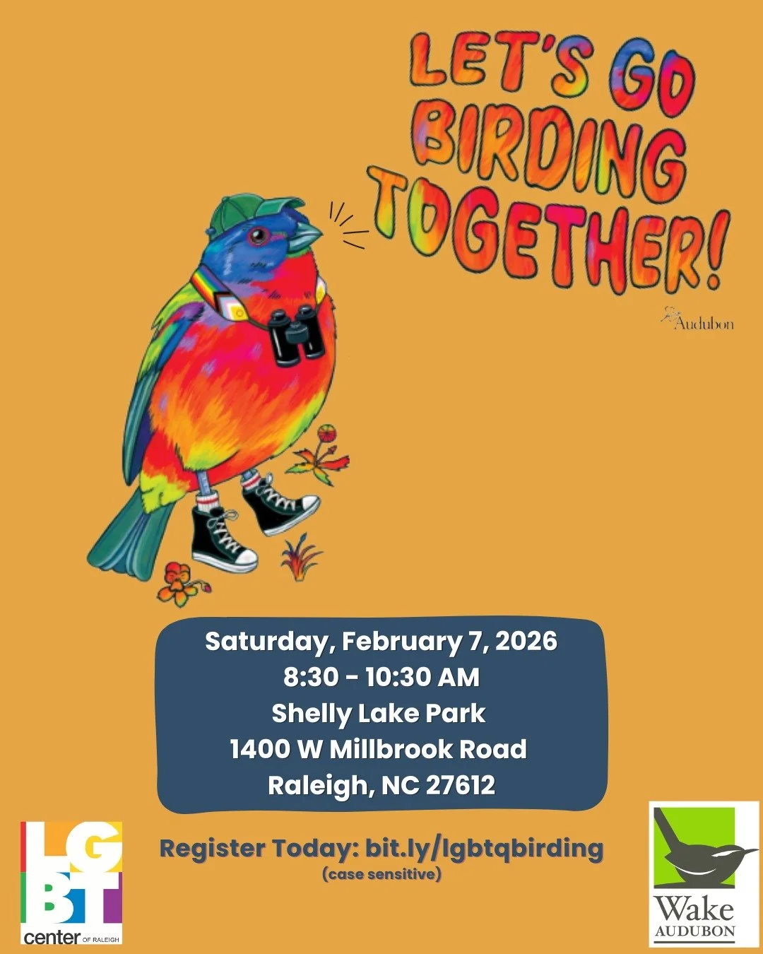 Update! LGBTQ+ Community and Allies: Let&rsquo;s Go Birding Together! Our next event with @wakeaudubon has been rescheduled to Saturday, February 7th from 8:30-10:30am at Shelly Lake Park in Raleigh. Register using the link in our bio! 🌳🐦&zwj;⬛🏳️&