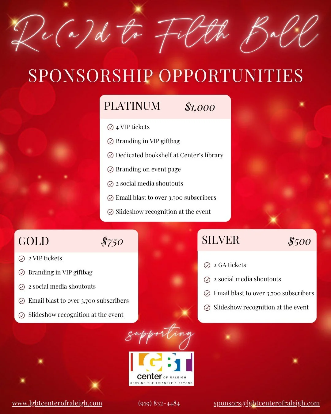 The Re(a)d to Filth Ball is back and we&rsquo;re inviting partners to help make this night unforgettable 💃🏽🕺🏽📚

Sponsoring this event means supporting LGBT Center of Raleigh while putting your brand in front of a vibrant, engaged audience. It's 