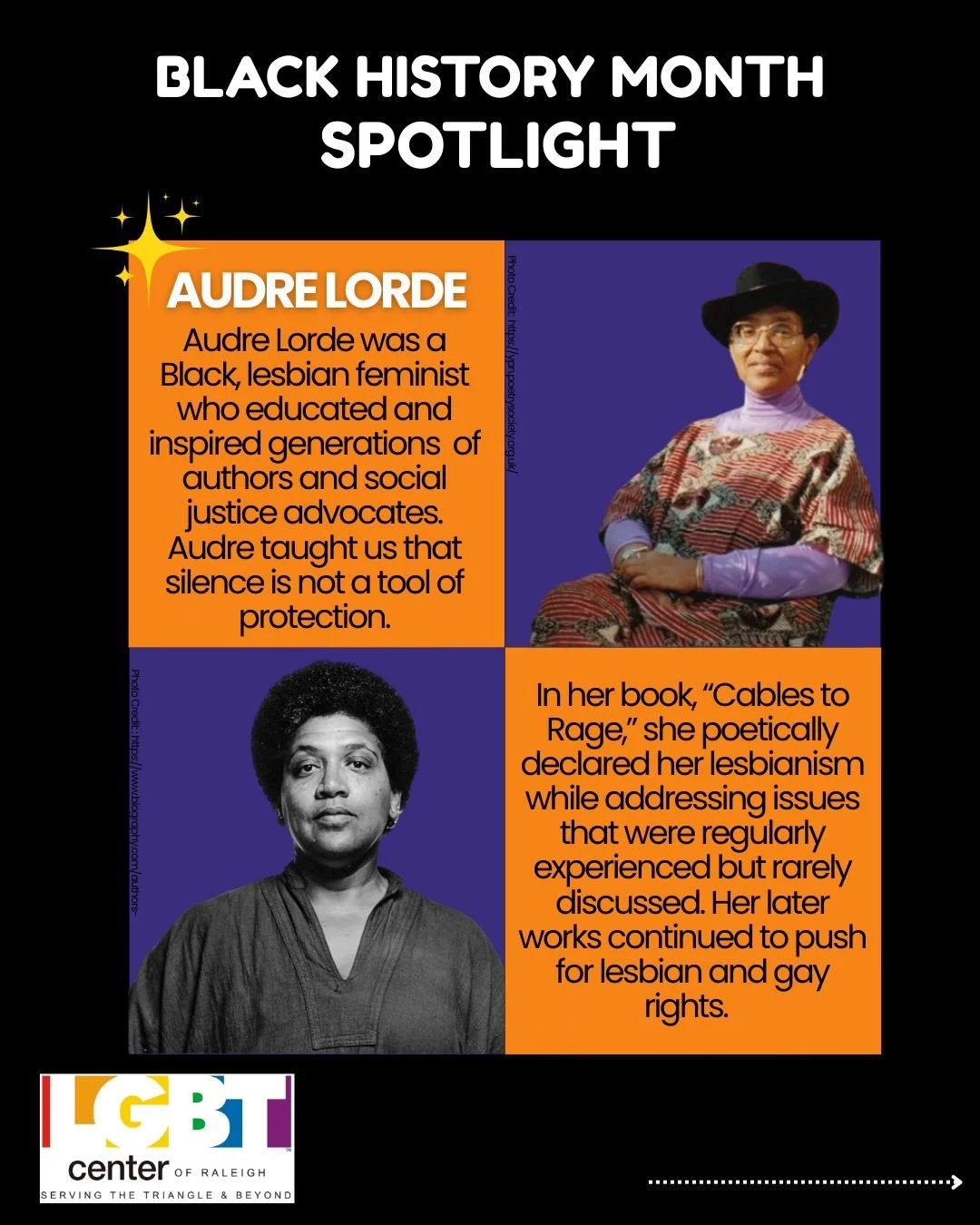 Today's Queer Black History Month spotlight goes to the brilliant Audre Lorde. 💜

Audre Lorde was a Black queer force who used her prolific writings to drive action and liberation. Her pieces continue to inspire authors and advocates alike as we con
