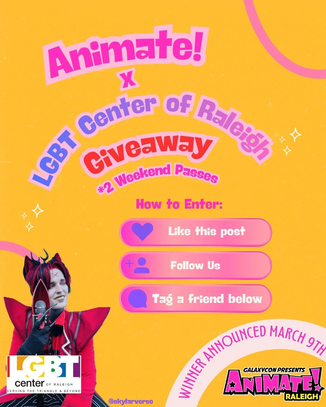 Animate! Raleigh is almost here and we&rsquo;re sending one lucky winner and their bestie to the con 🎉

We&rsquo;re giving away 2 weekend passes.

To enter
👍 Like this post
➕ Follow the LGBT Center of Raleigh
💛 Tag a friend you want to experience 