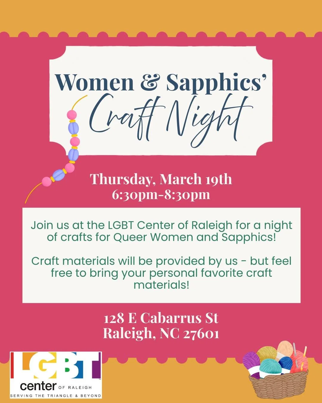 On March 19th The LGBT Center of Raleigh will be hosting a craft night for LGBTQ+ women and sapphics! 🖍️ 🧶 🎨 

Bring your own crafts, or enjoy some provided by the center!

Drop us a comment if you plan to attend! ❤️