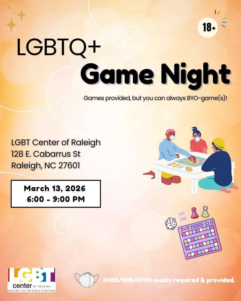 Join us for GAYme Night, this upcoming Friday, March 13th at 128 E. Cabarrus!

We&rsquo;ve got the games covered and masks ready too. You&rsquo;re always welcome to bring your own favorite games as well. Parking is easy with free street parking after