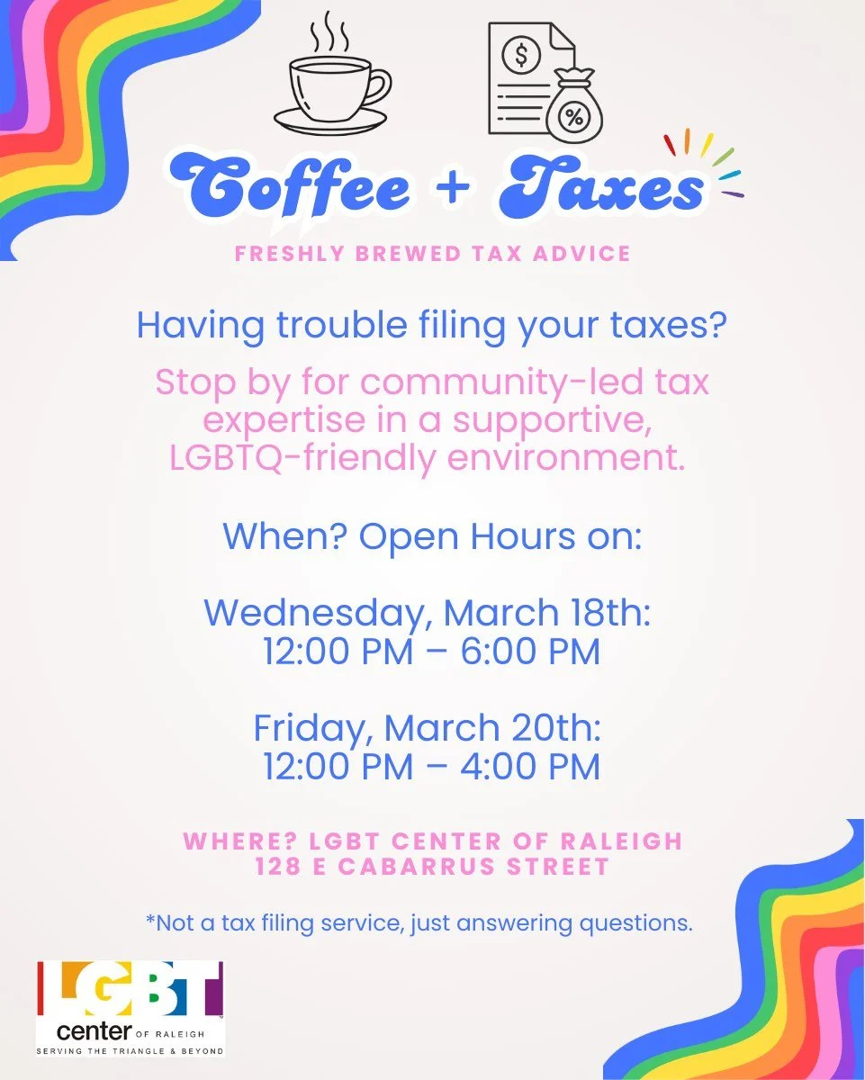 Taxes got you confused? Come talk it out with us ☕

Join us for Coffee + Taxes, a relaxed space where you can ask your tax questions and connect with community-led tax expertise in a supportive, LGBTQ friendly environment.

Stop by during open hours: