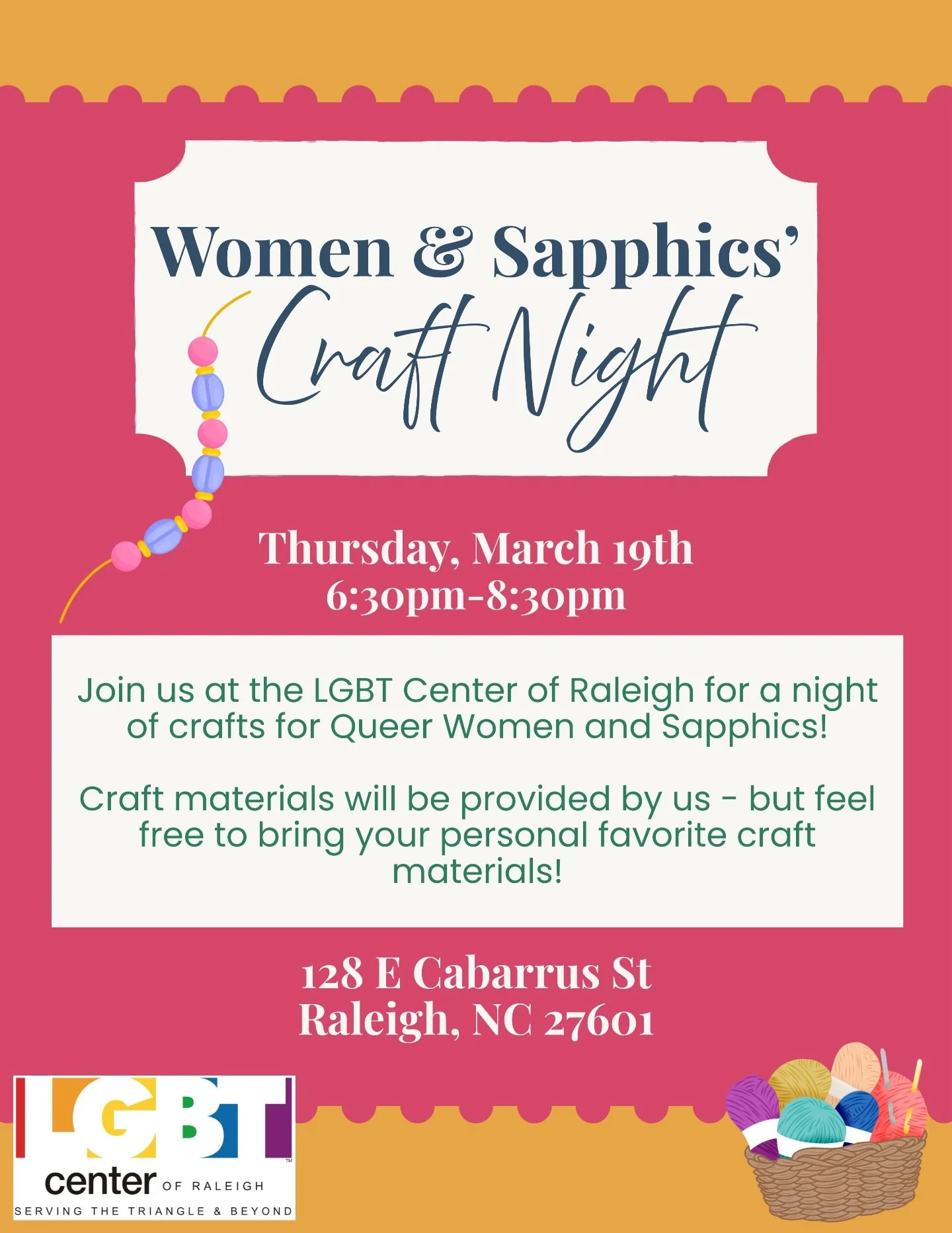 On March 19th The LGBT Center of Raleigh will be hosting a craft night for LGBTQ+ women and sapphics! 🖍️ 🧶 🎨 

Bring your own crafts, or enjoy some provided by the center!

Drop us a comment if you plan to attend! ❤️