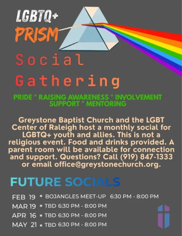 Looking for a place where LGBTQ+ youth can just be themselves?

Join us for LGBTQ+ Prism, a monthly social gathering created for connection and community. Youth and allies are invited to come hang out!

Food and drinks are provided and a parent room 