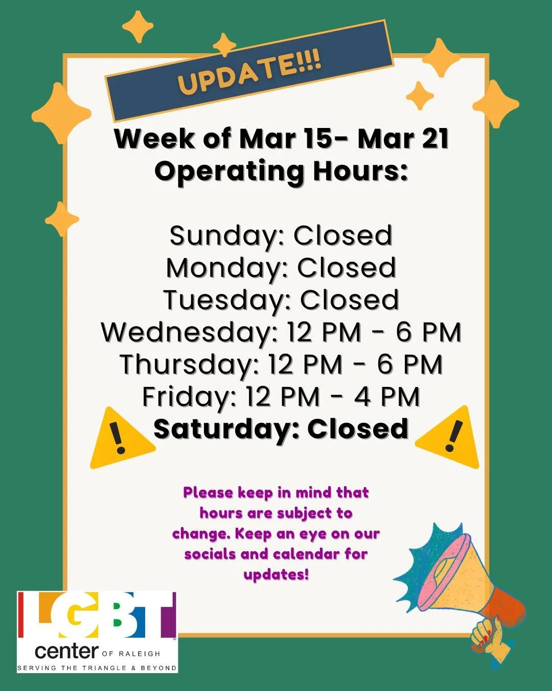 Please note the update to this week's operating hours!

The Center will now be closed on Saturday, March 21st as we will be hosting our annual Yard "Sale" Fundraiser! Feel free to drop by and browse our offerings, you may find that one trea