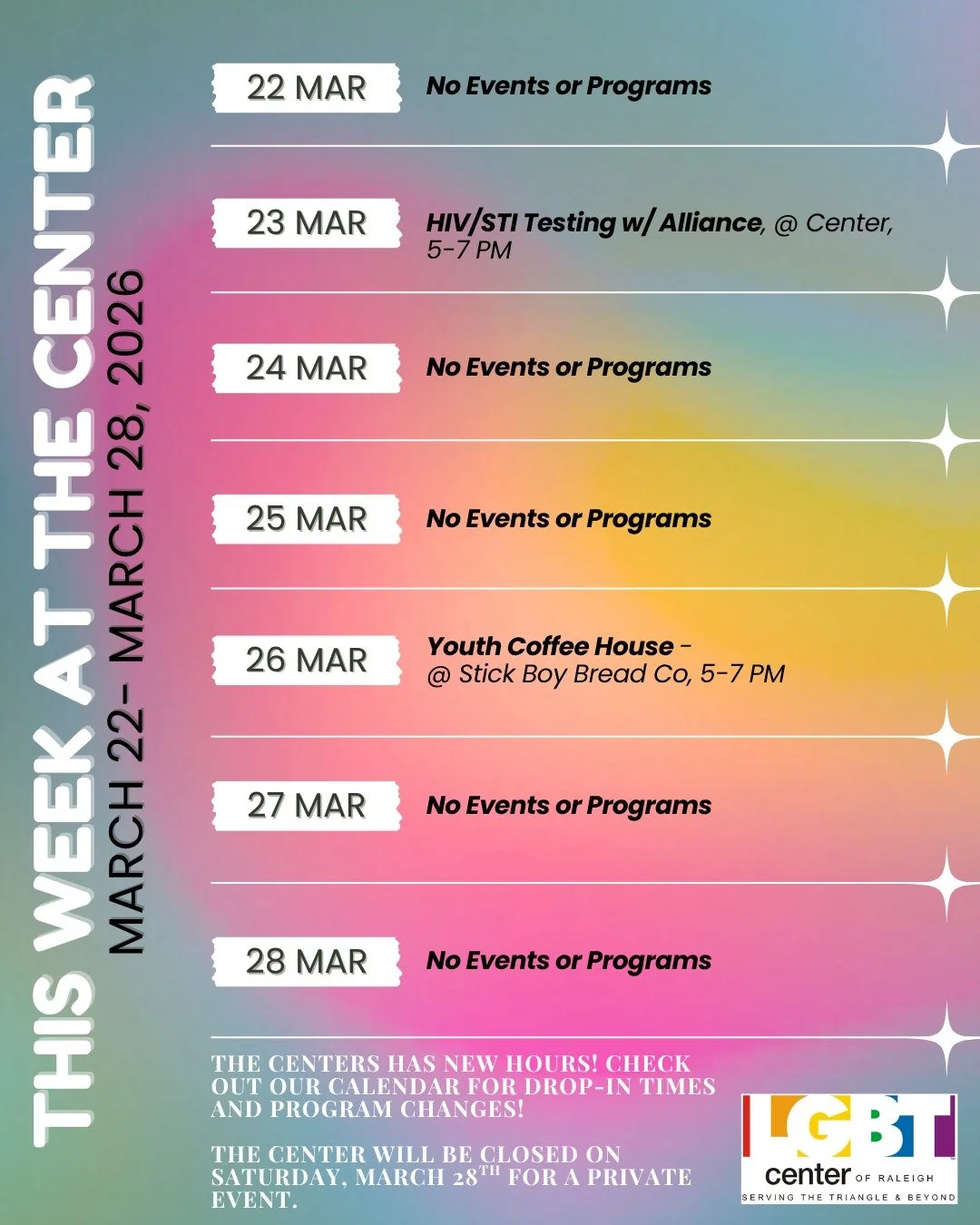 This Week @ The Center!

Sunday, 03/22: No Events or Programs

Monday, 03/23: HIV/STI Testing w/ Alliance, @ Center, 5-7 PM 

Tuesday, 03/24: No Events or Programs

Wednesday, 03/25: No Events or Programs

Thursday, 03/26: No Events or Programs

Frid