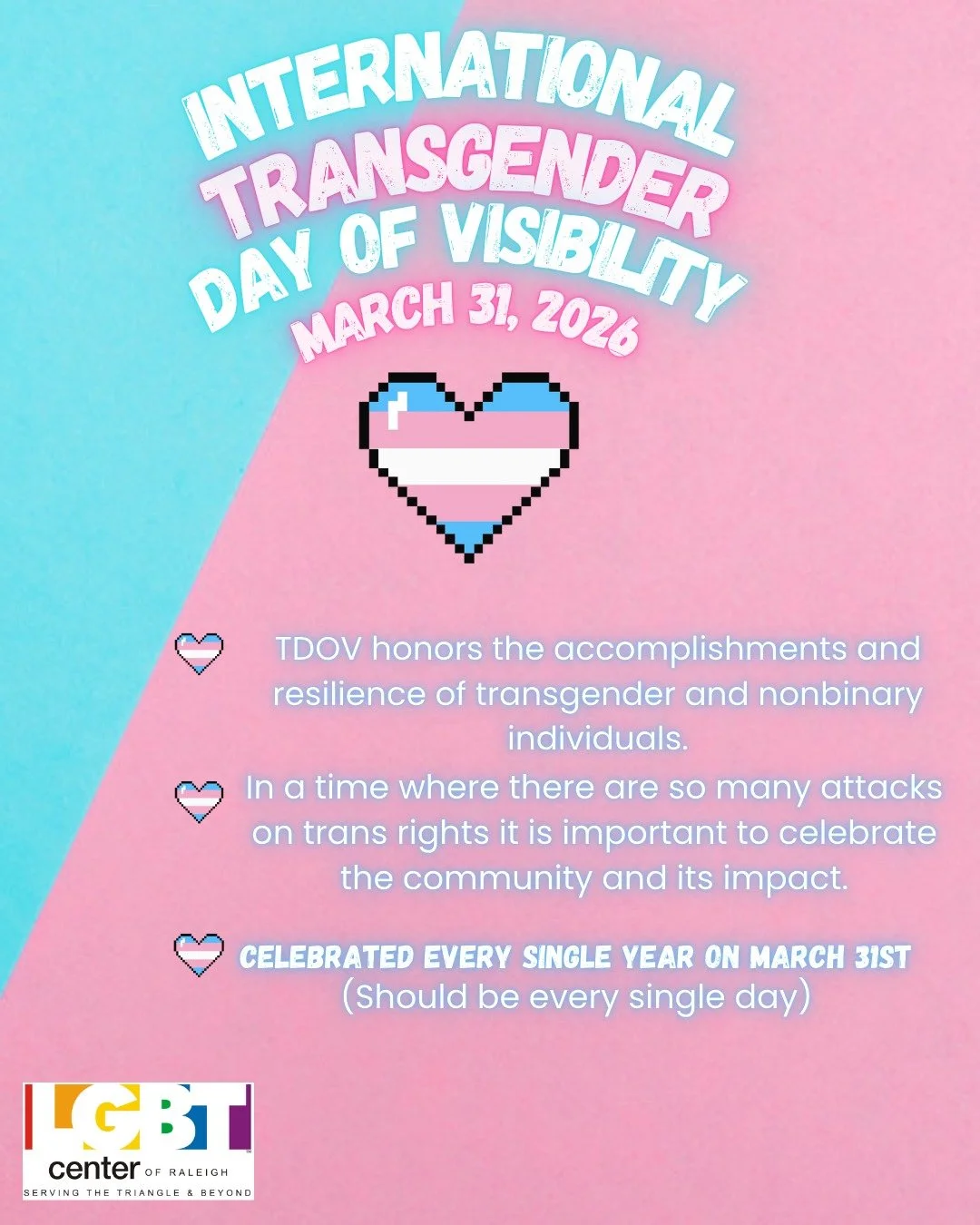 Today we celebrate Transgender Day of Visibility. 

We must continue to actively support, protect, and advocate for trans lives in real, tangible ways.

Today and every day, we stand with trans people, we honor your experiences, and we remain committ