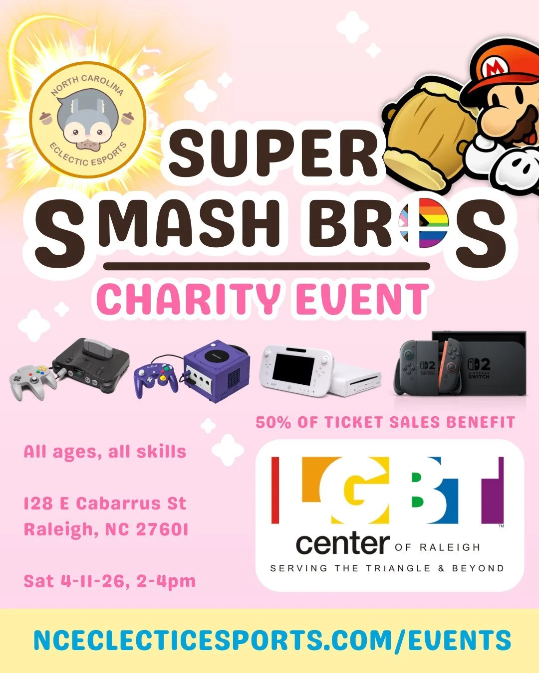 It&rsquo;s almost time!! Gamers, are you ready?! 🎮🌈

Smash Out Hate is coming to the LGBT Center of Raleigh and it&rsquo;s your chance to play Super Smash Bros. for a good cause.

Battle across N64, GameCube, Wii U, and Switch, earn tickets for pri