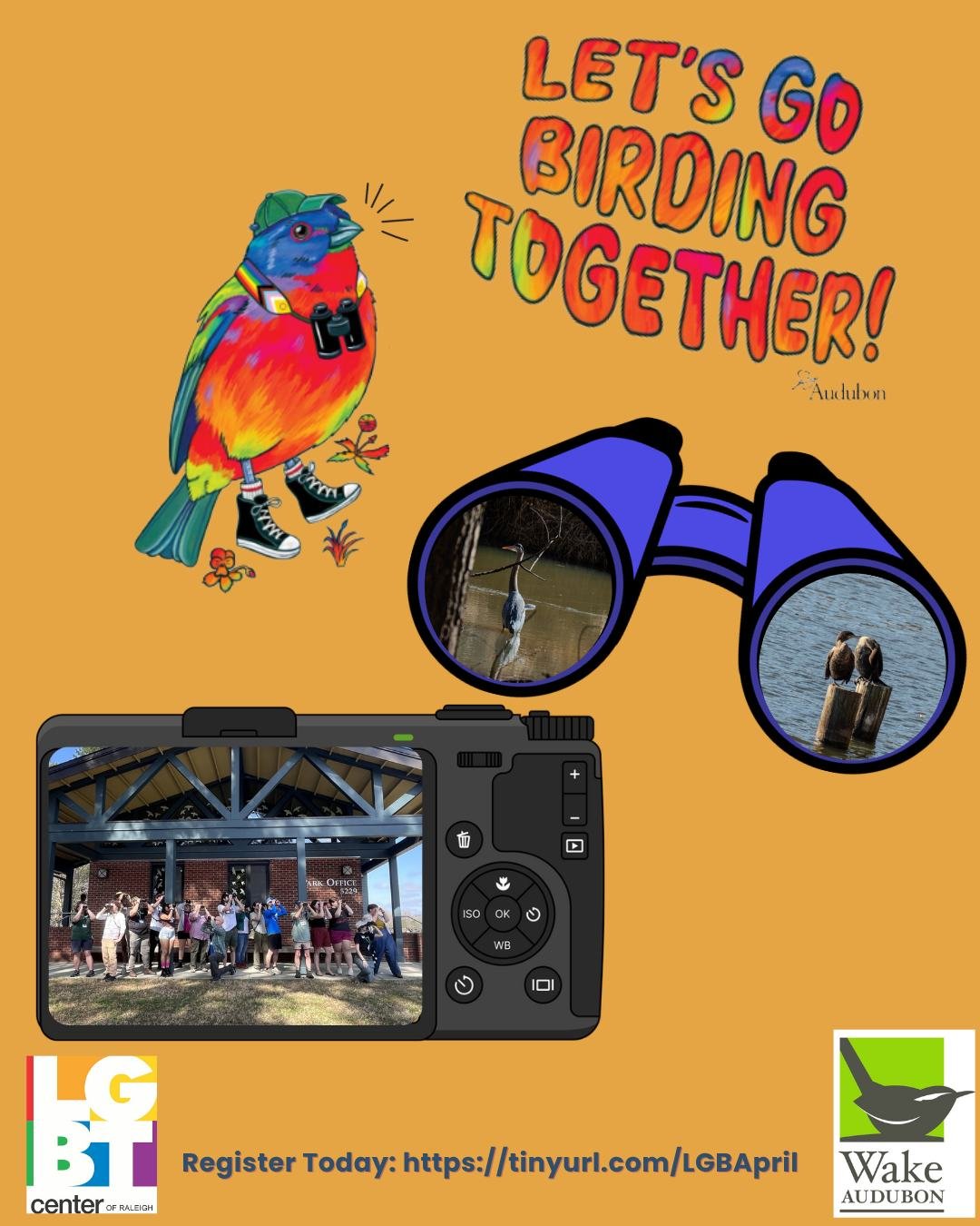 Hello LGBTQ+ Community and Allies! Let&rsquo;s Go Birding is back with another exciting meet up! Our next event with @wakeaudubon will be Sunday, April 19th from 8:30 AM - 10:30 AM at Anderson Point Park. Register using the link in our bio! 🌳🐦&zwj;